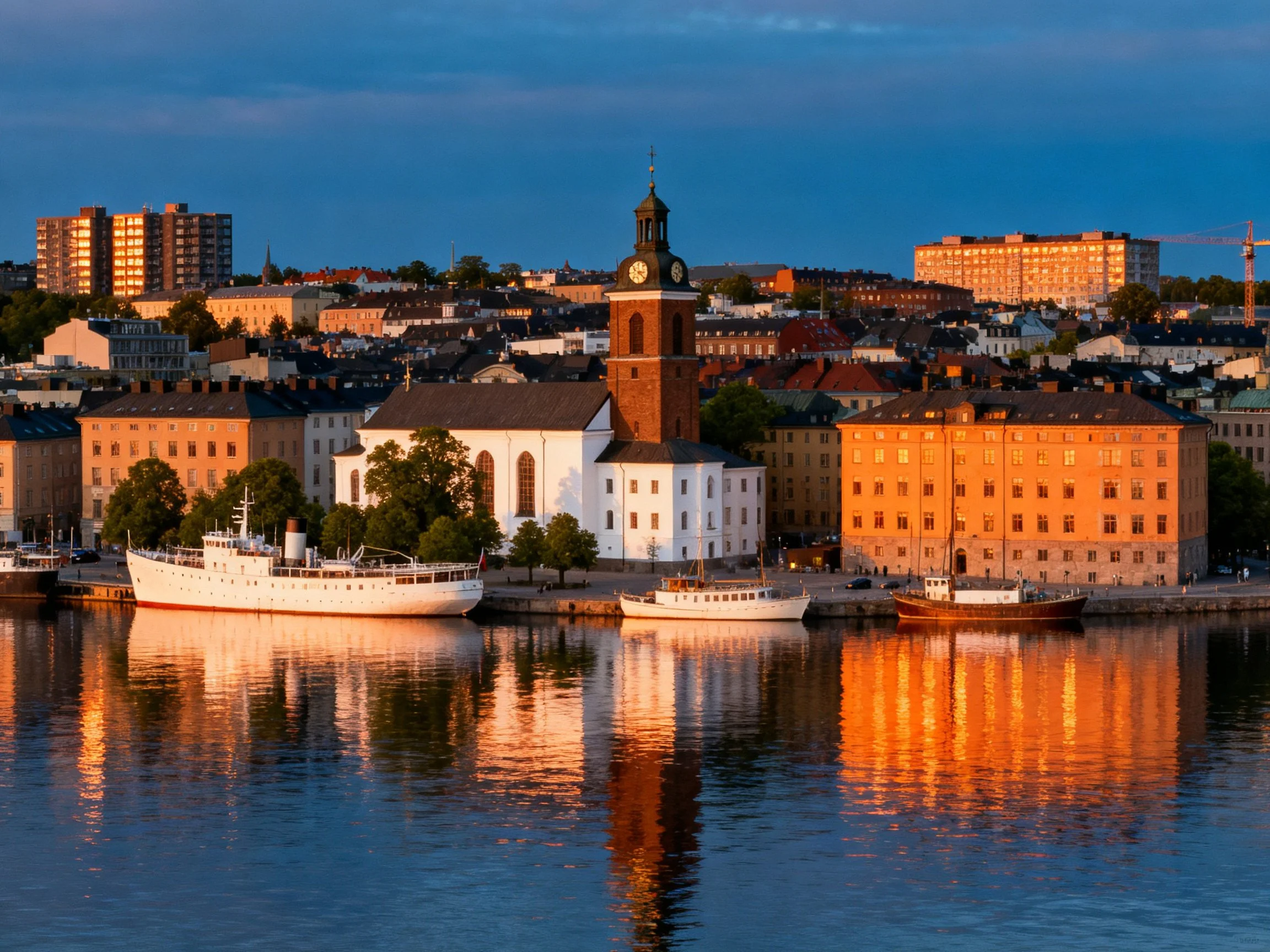 Historic waterfront cityscape with golden sunset reflections