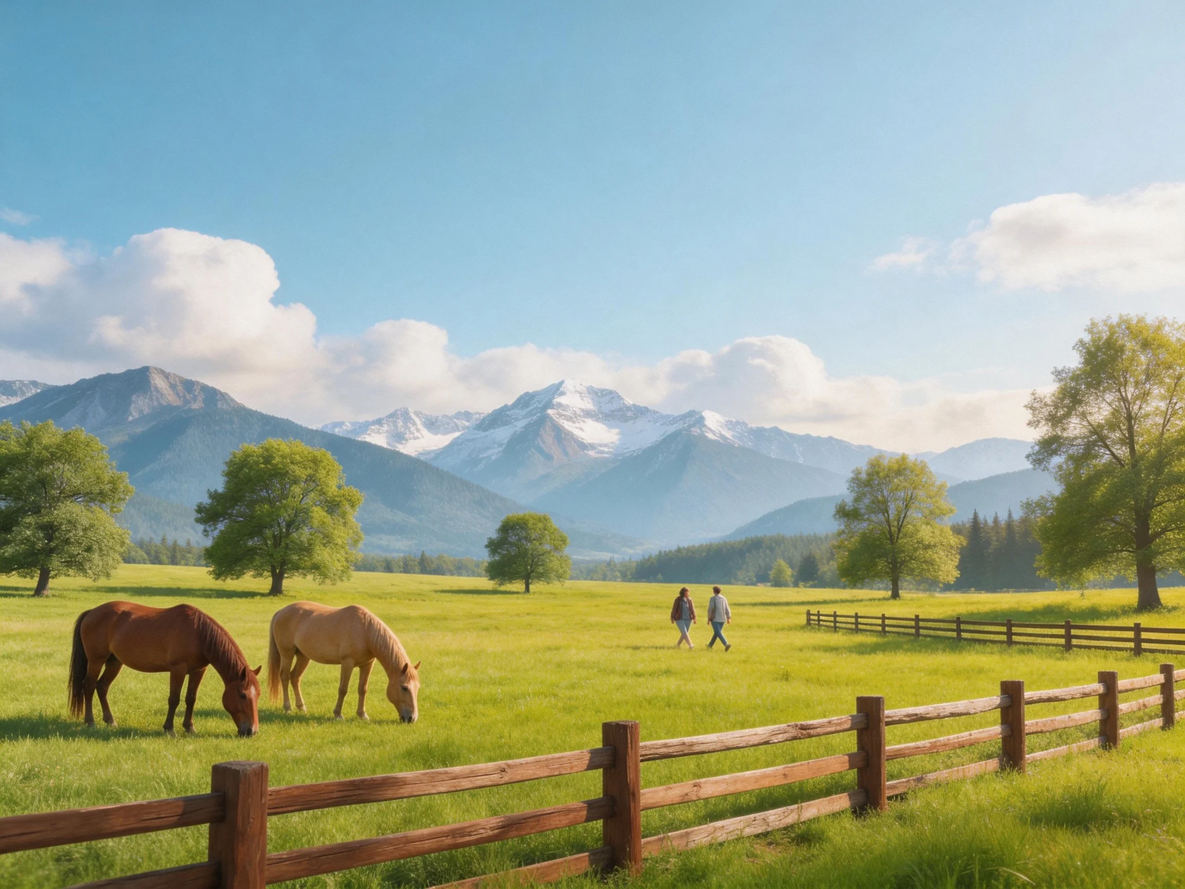 Horses graze in a sunlit meadow with wooden fence and distant mountains