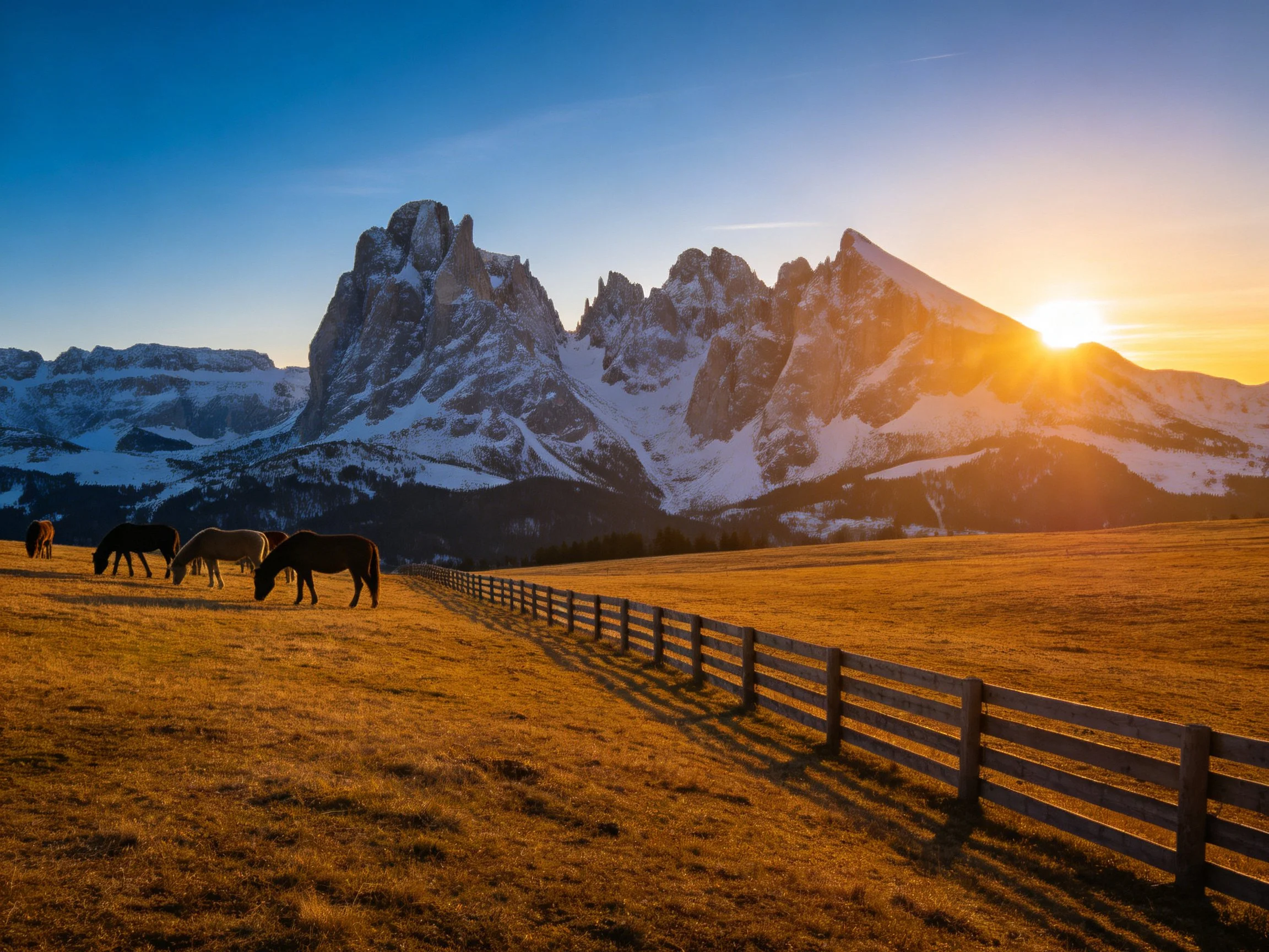 Horses graze near snow-capped peaks under golden sunset light