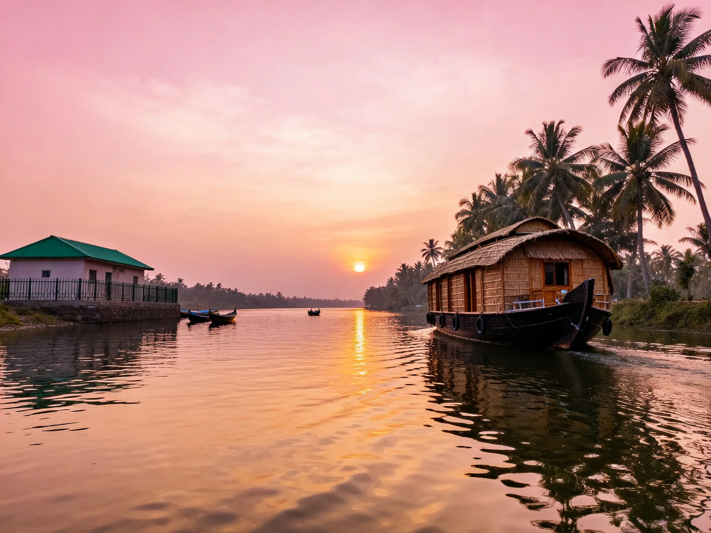 Houseboat gliding through calm waters at sunset with palm trees