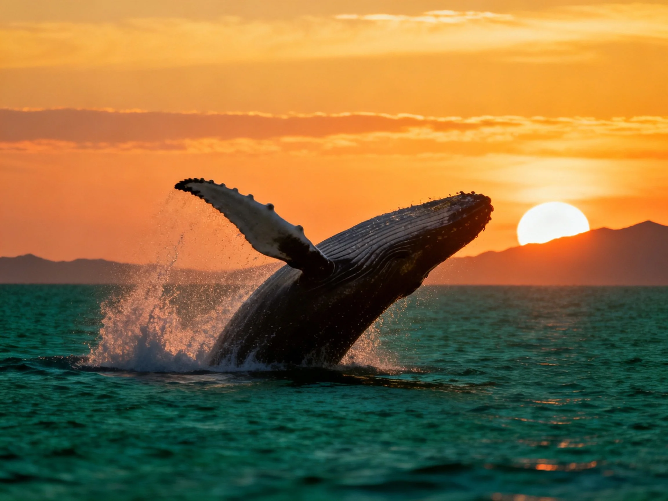 Humpback whale breaching into vibrant orange sunset sky over calm teal sea