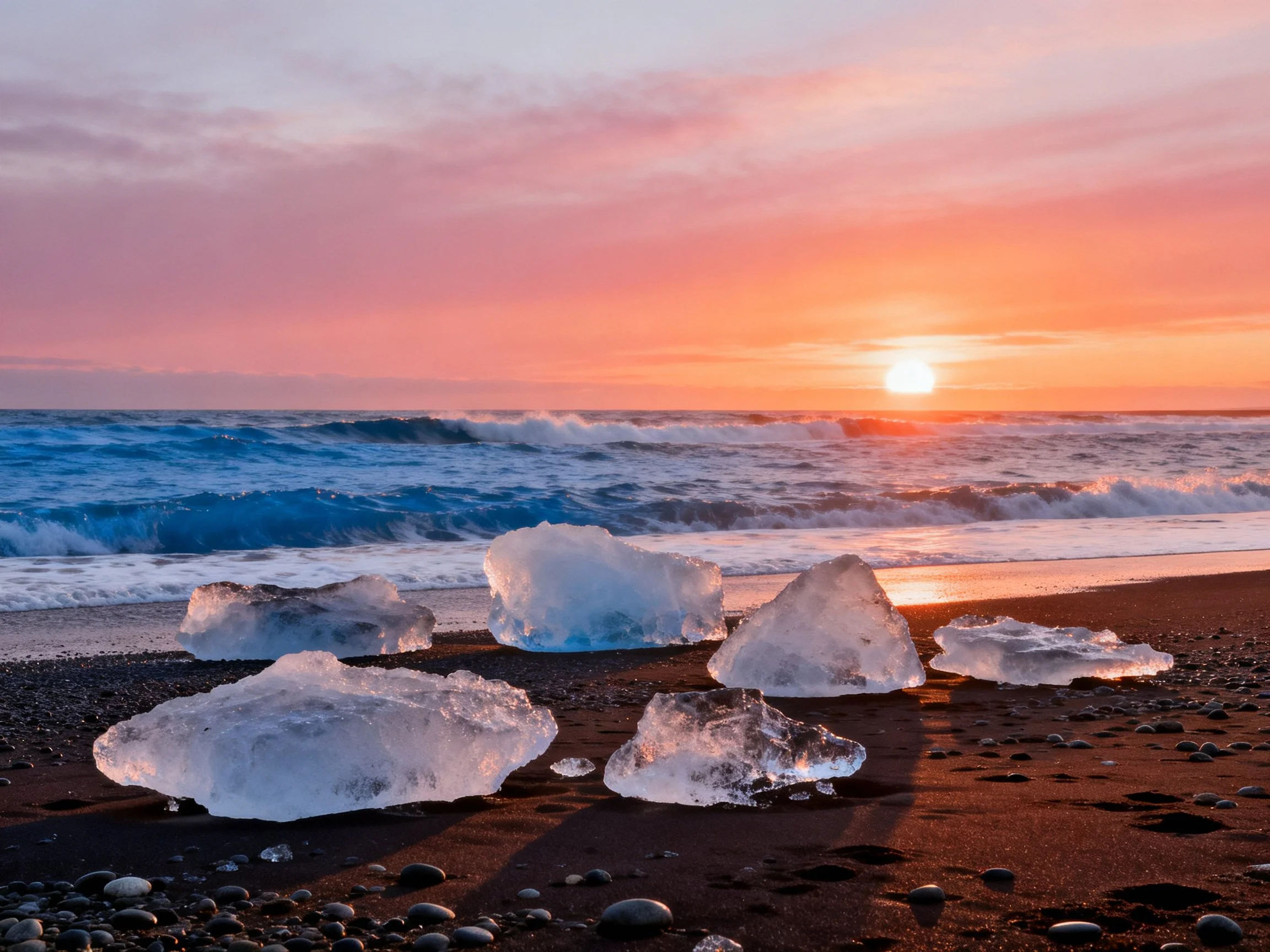 Ice chunks rest on a dark sandy beach during vibrant sunset.