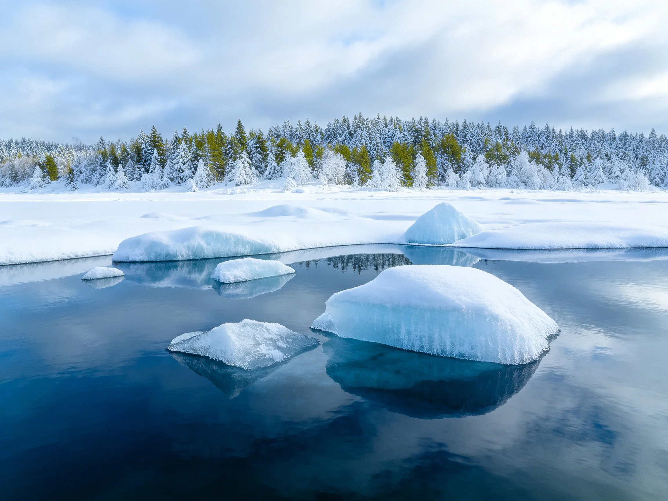 Icebergs float in calm blue water near snow-laden evergreen forests