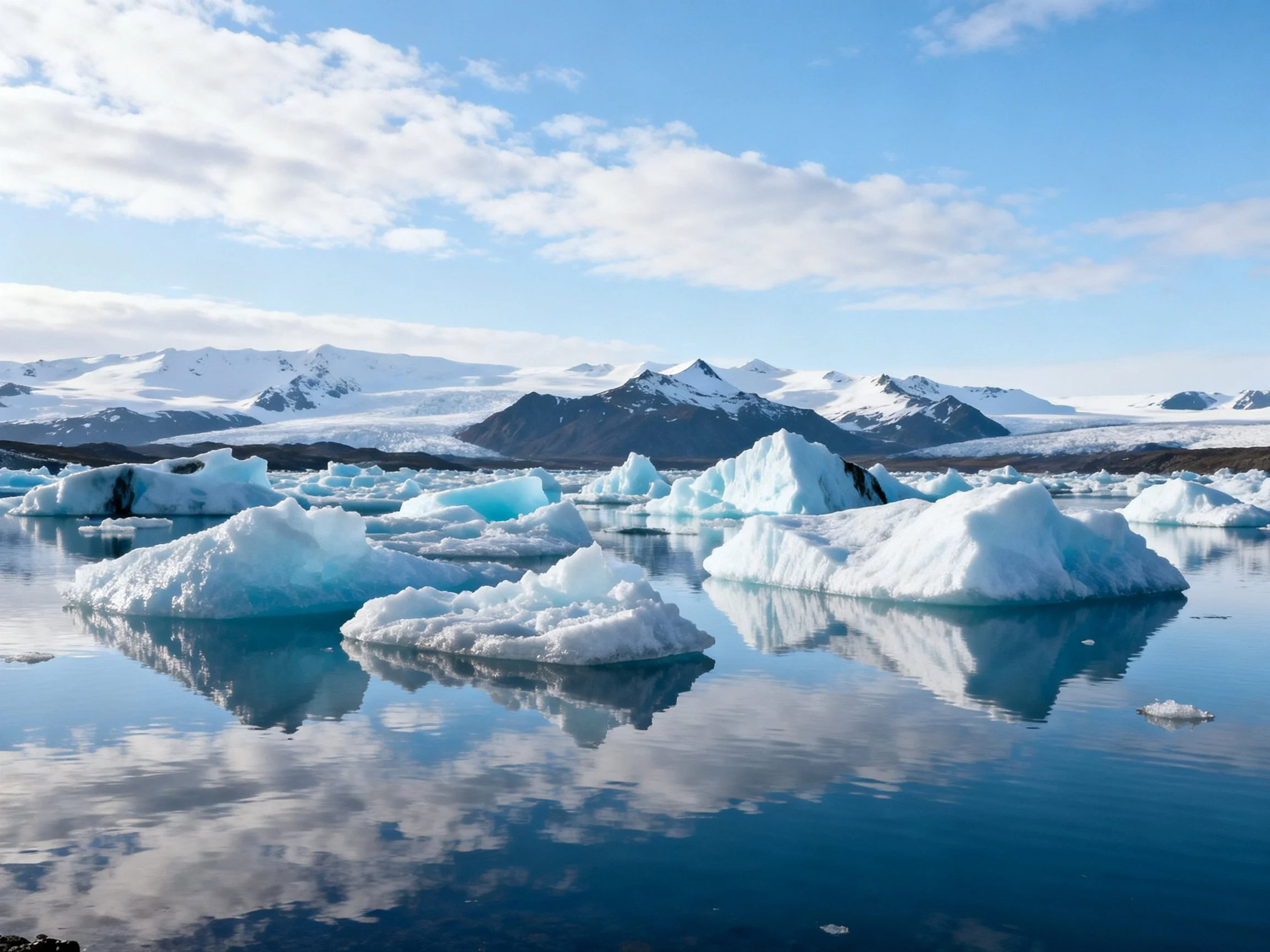 Icebergs float in calm waters near snow - covered mountain peaks