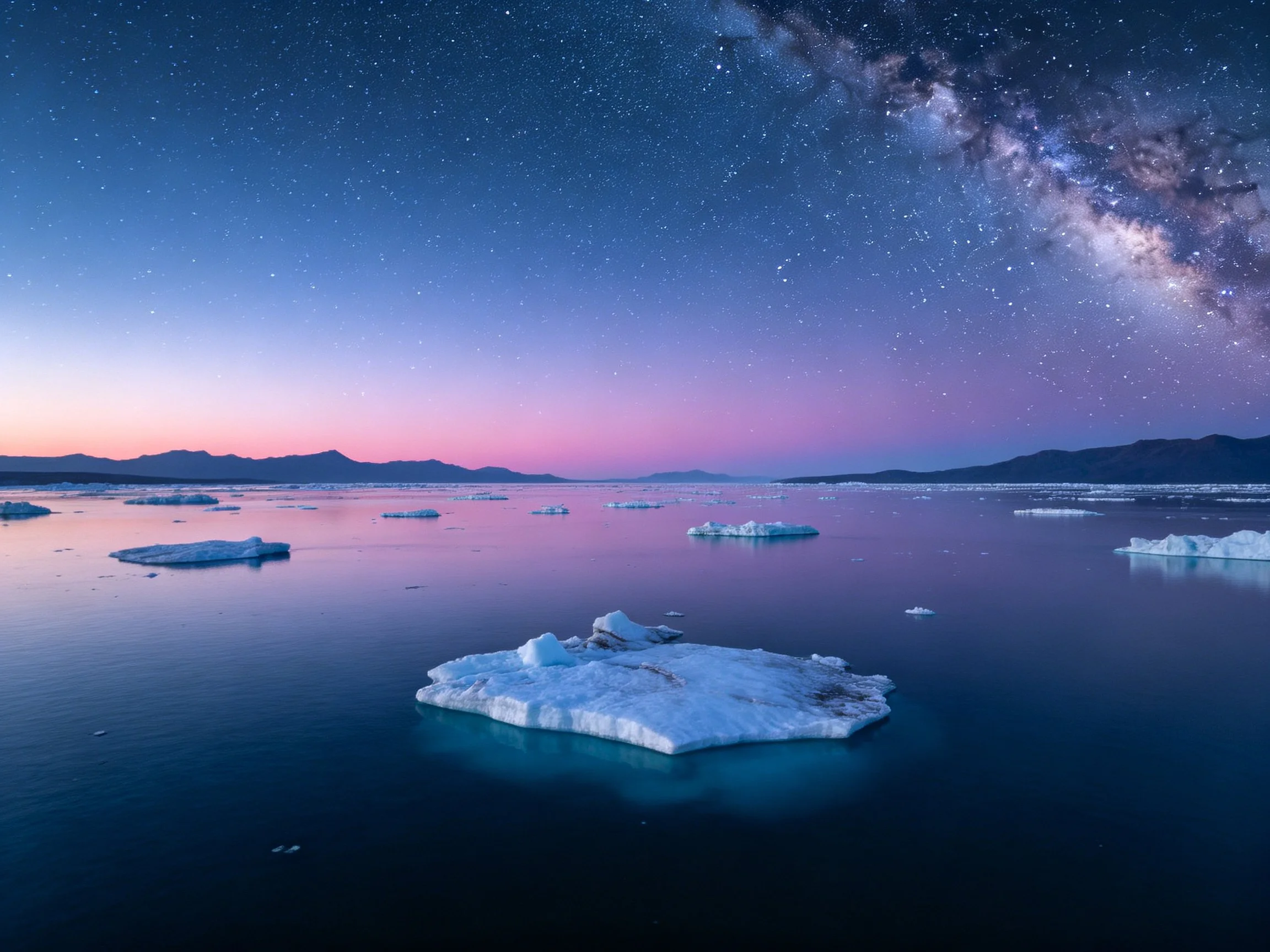 Icebergs float on calm water beneath a star-filled twilight sky
