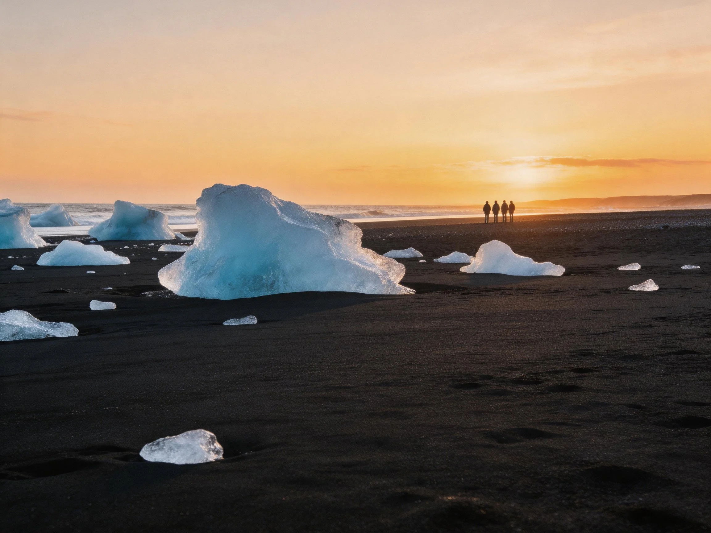 Icebergs scattered on dark sandy shore at sunset with silhouetted figures
