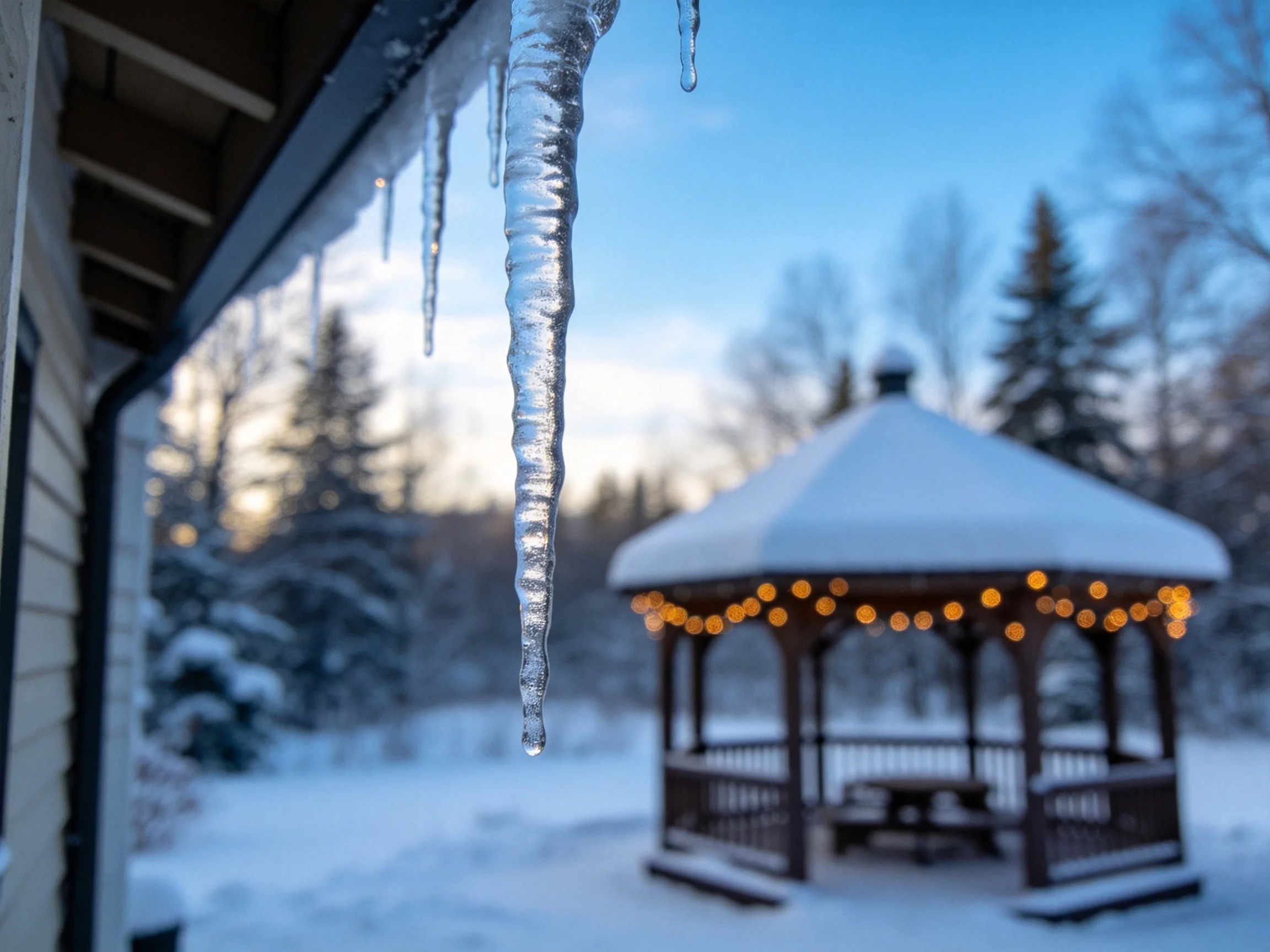 Icicles hang from roof edge near snow-covered gazebo with string lights