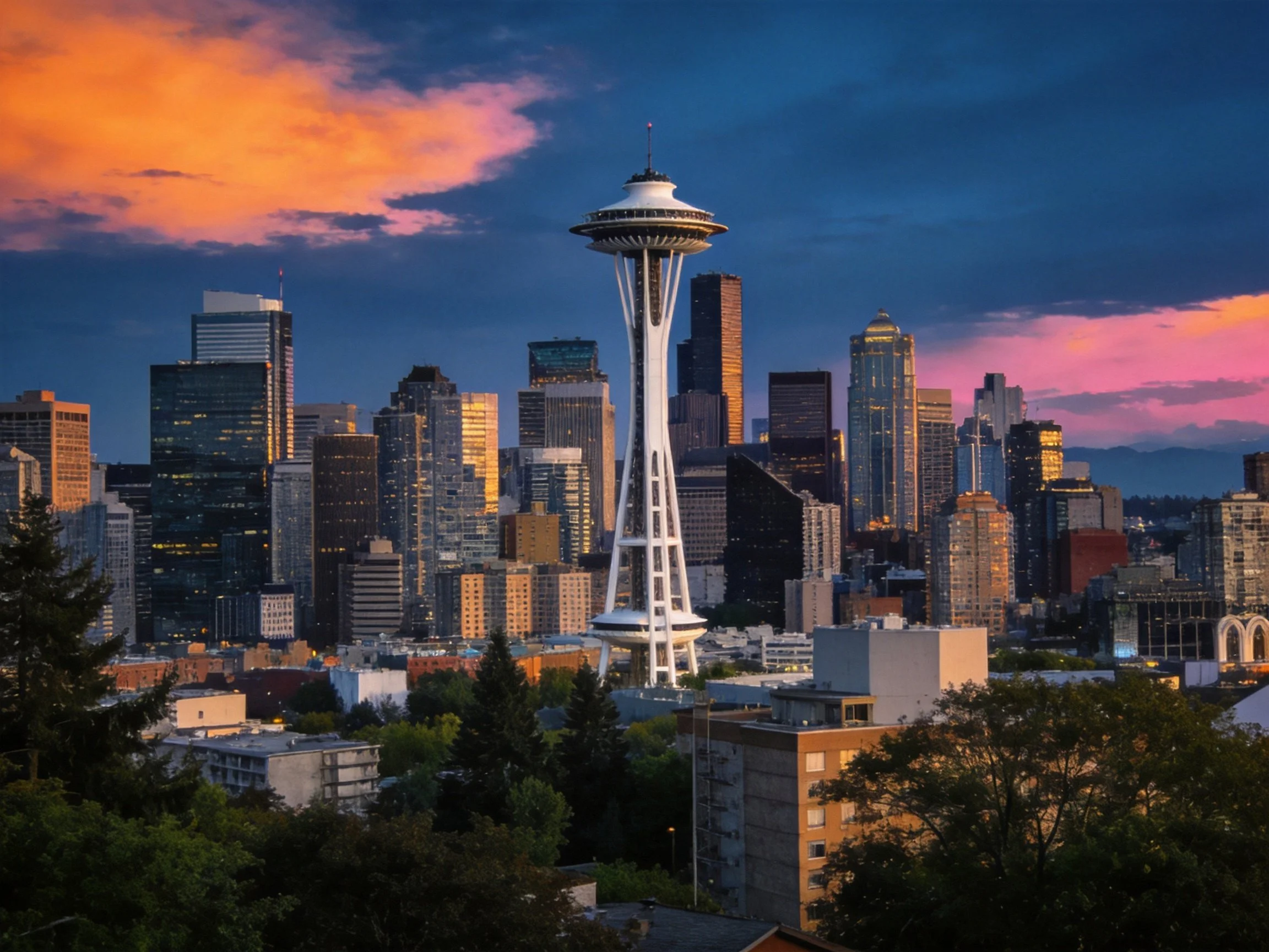 Iconic Space Needle amidst Seattles colorful sunset skyline