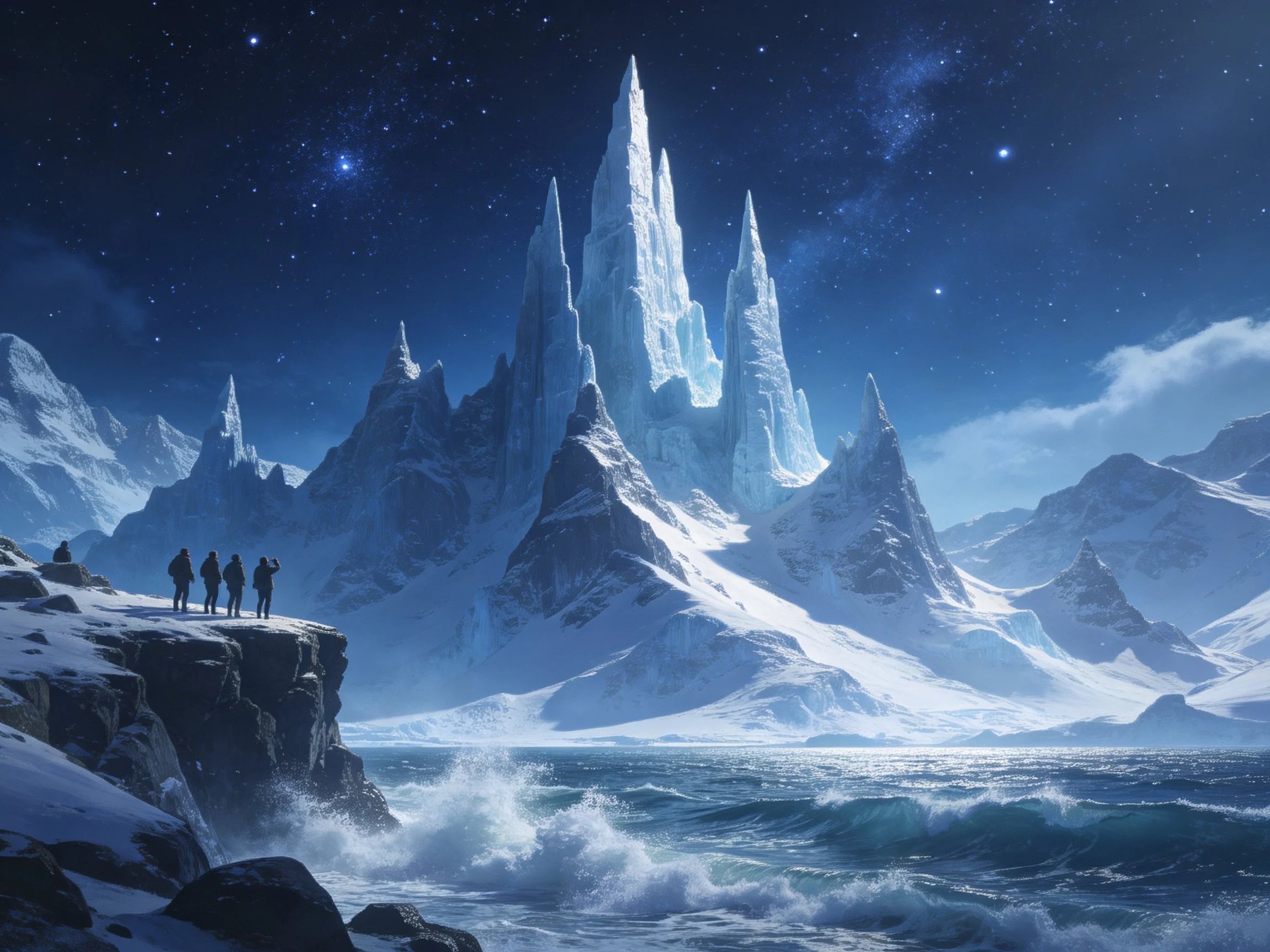 Icy Spire Mountain Range by Stormy Ocean Under Starry Night