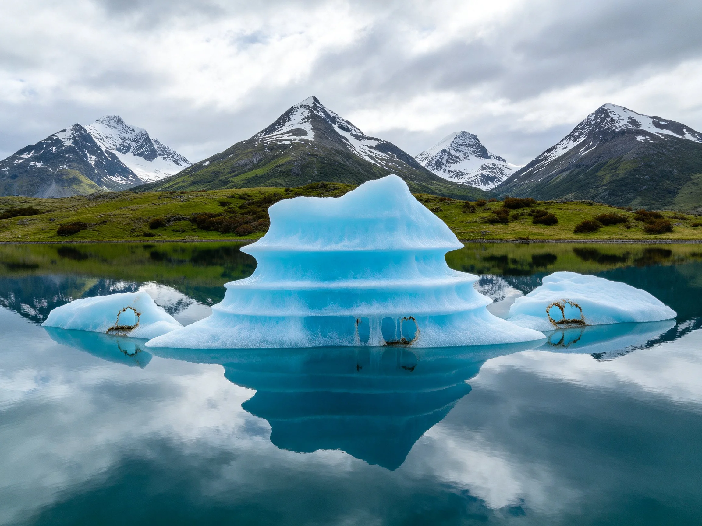 Icy blue iceberg floats amid calm waters with snow-capped mountains