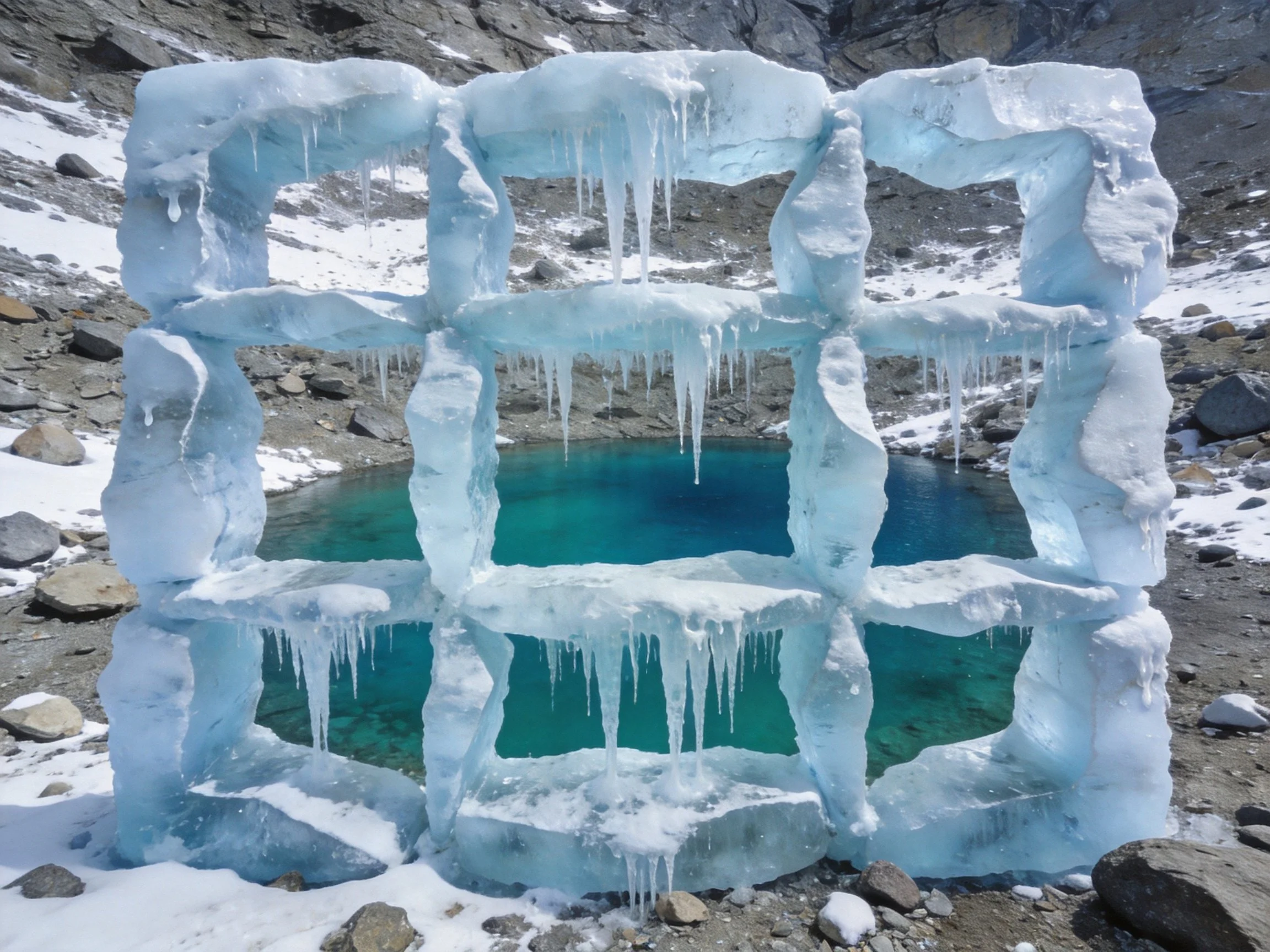 Icy lattice structure framing turquoise mountain pool