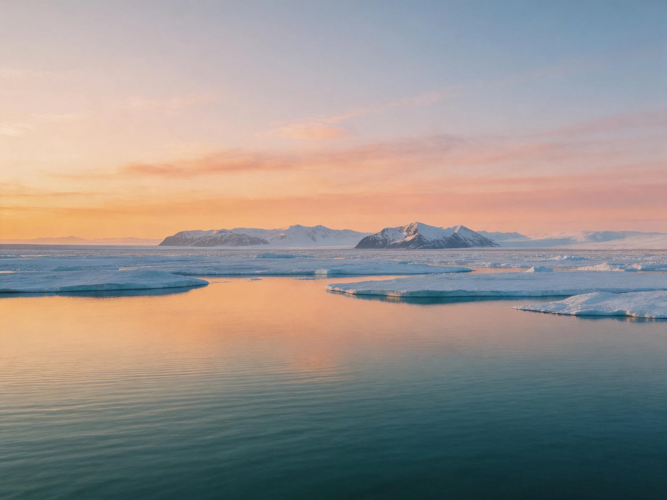 Icy waters reflect sunset sky near snow - capped mountains