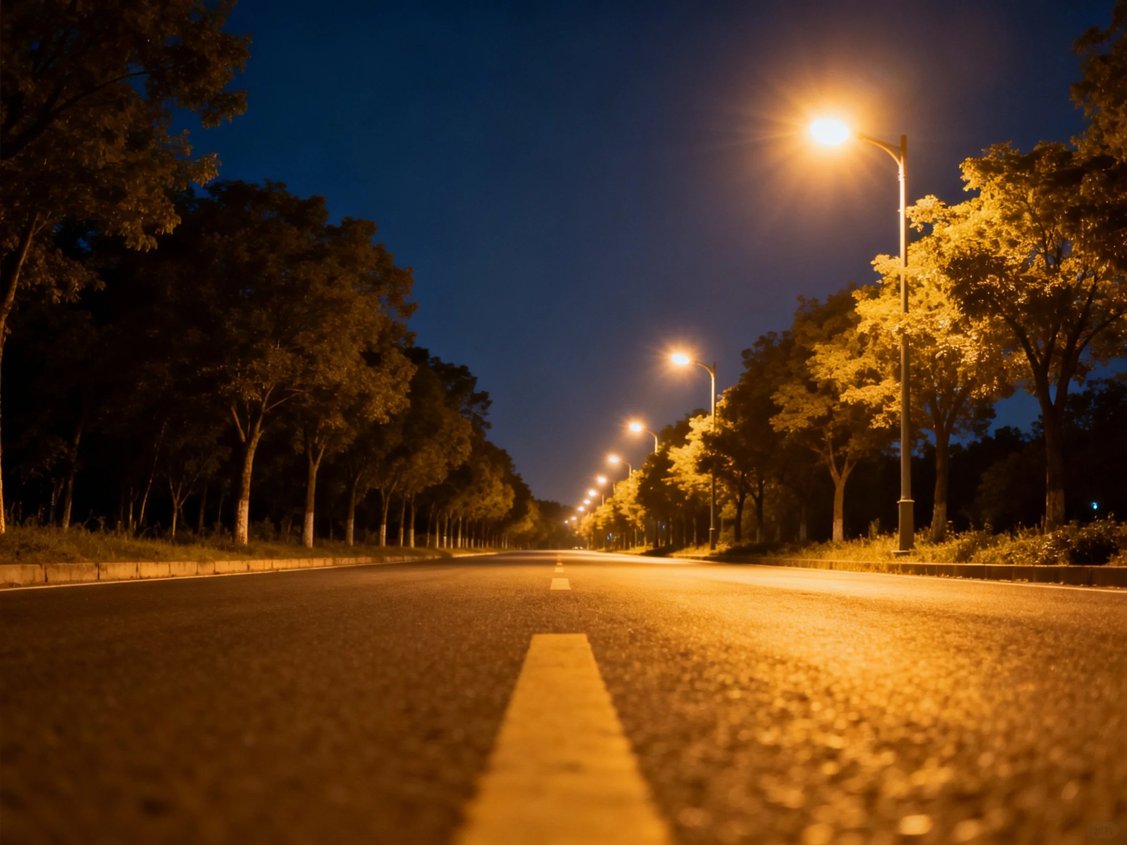 Illuminated Nighttime Street with Tree-Lined Road