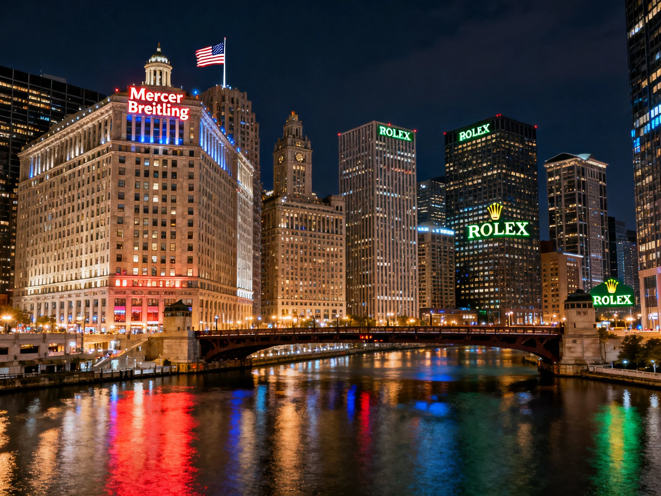 Illuminated skyscrapers with brand signage reflect on a river at night