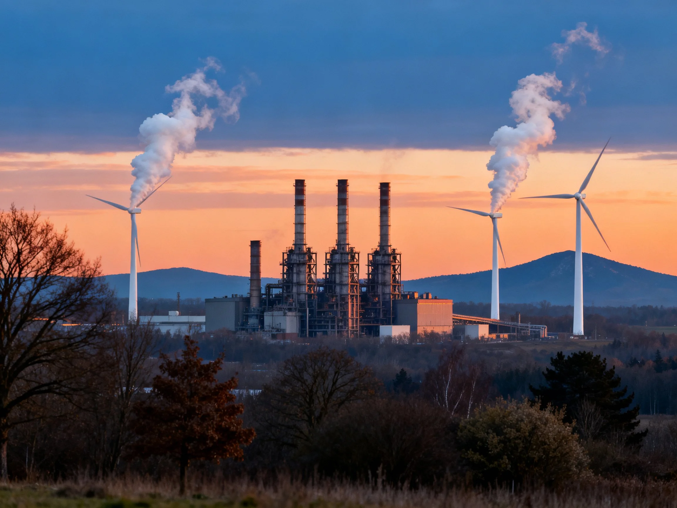 Industrial complex with wind turbines at sunset