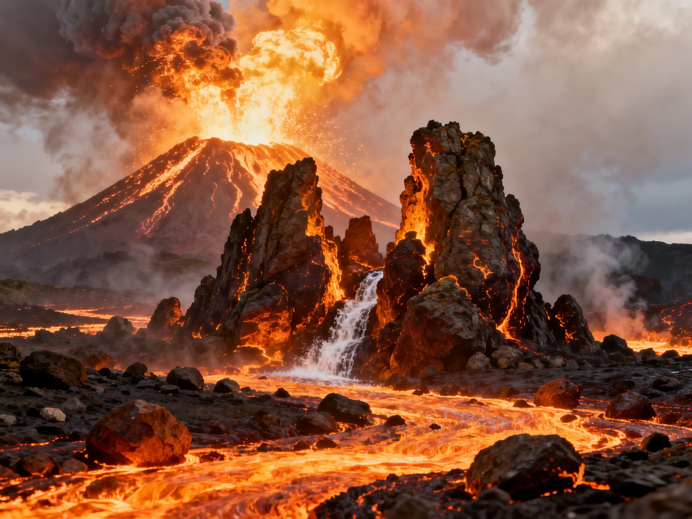 Intense volcanic eruption with glowing lava and rugged rock formations