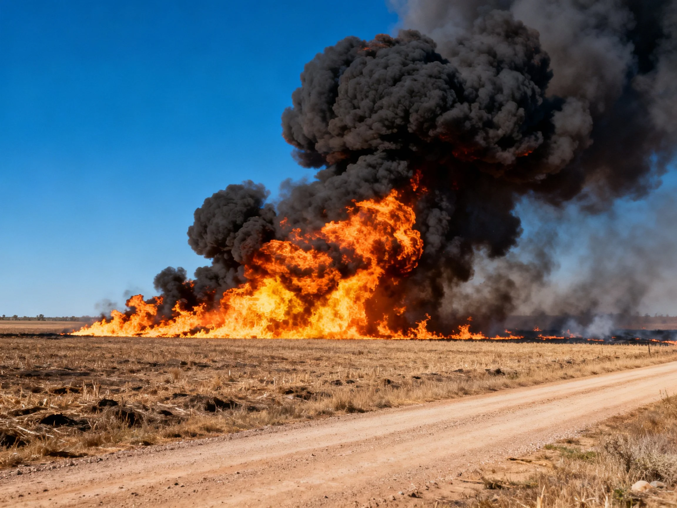 Intense wildfire burns with bright orange flames and thick black smoke