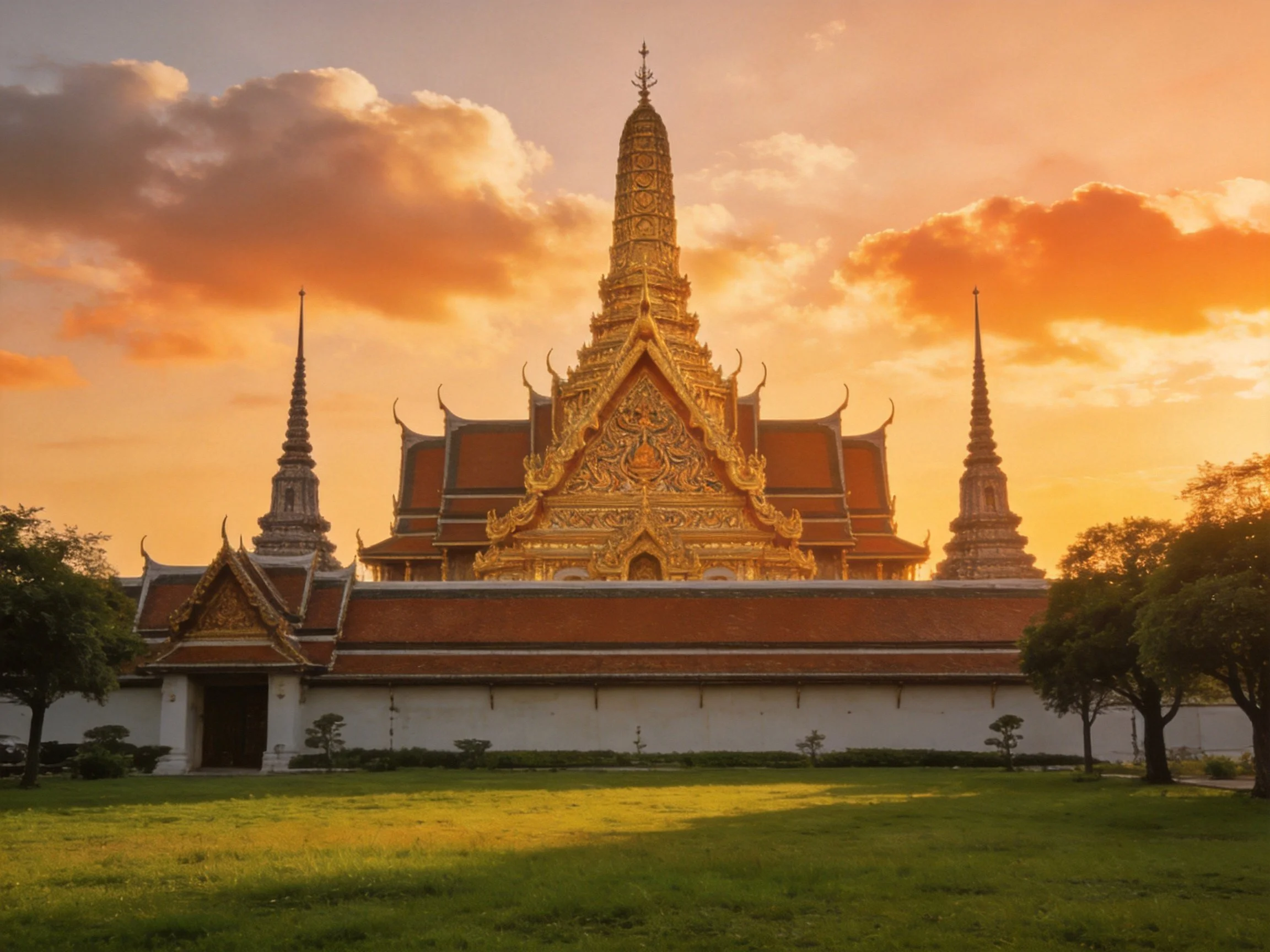 Intricate golden temple complex with red roofs at sunset