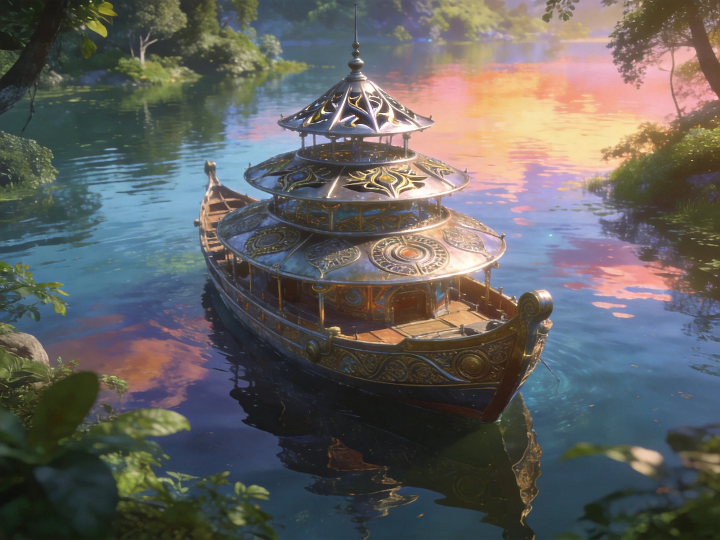 Intricate multi-level boat floats on vibrant, reflective waterway