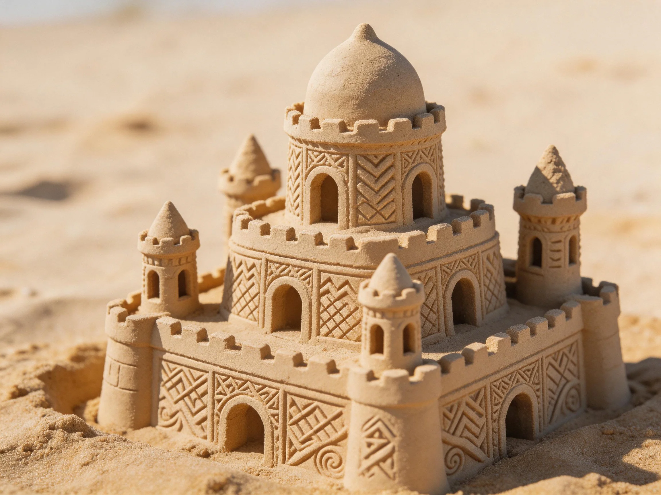 Intricate multi-level sandcastle with decorative patterns