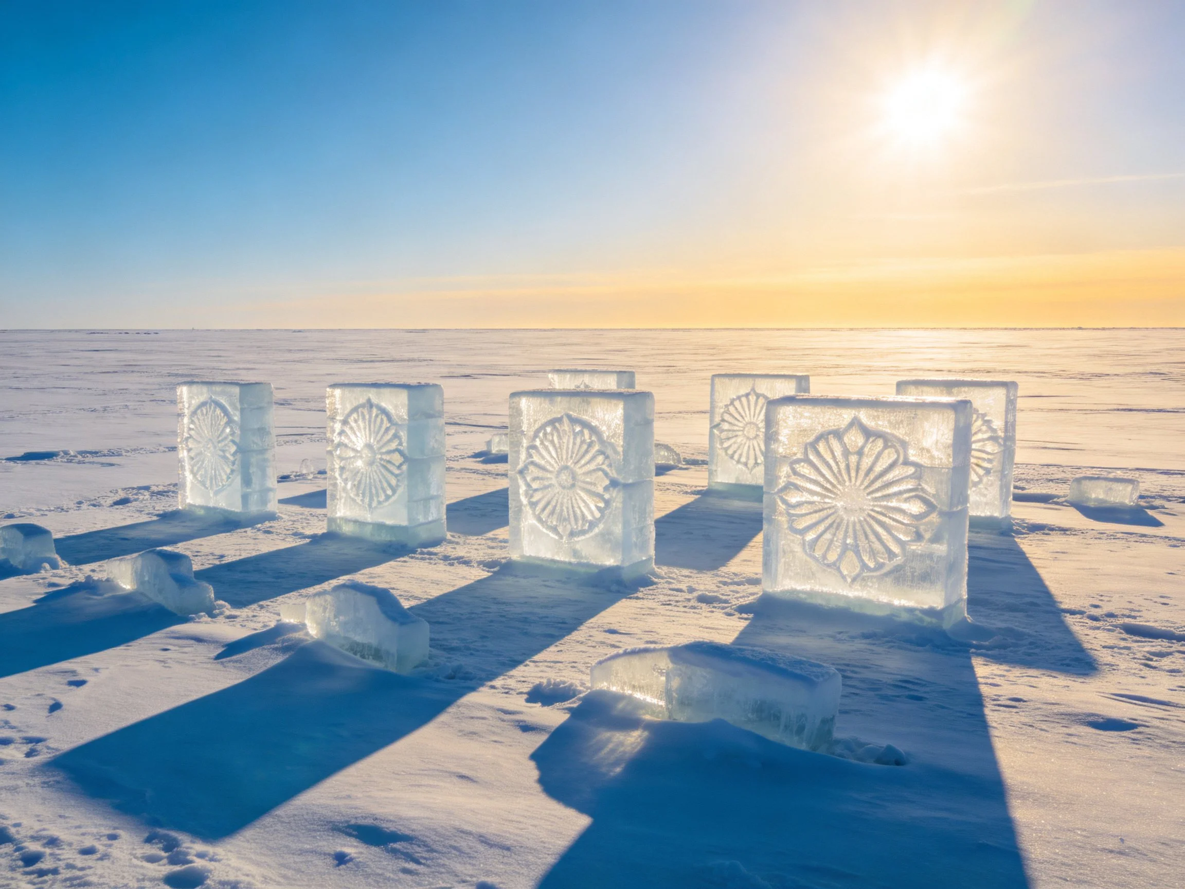 Intricately carved ice blocks on snowy landscape under bright sun