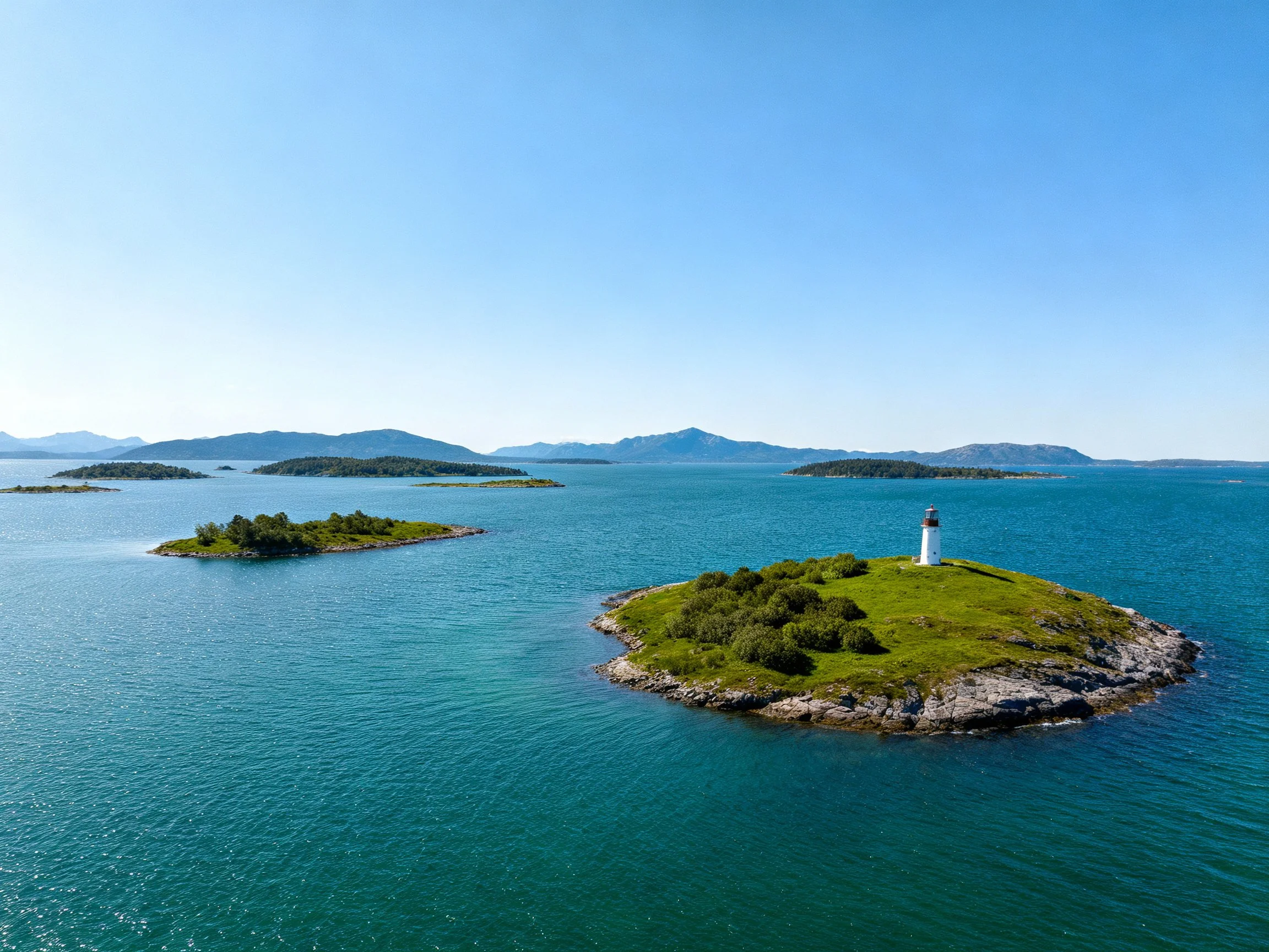 Islands in turquoise waters include a lighthouse-topped green island