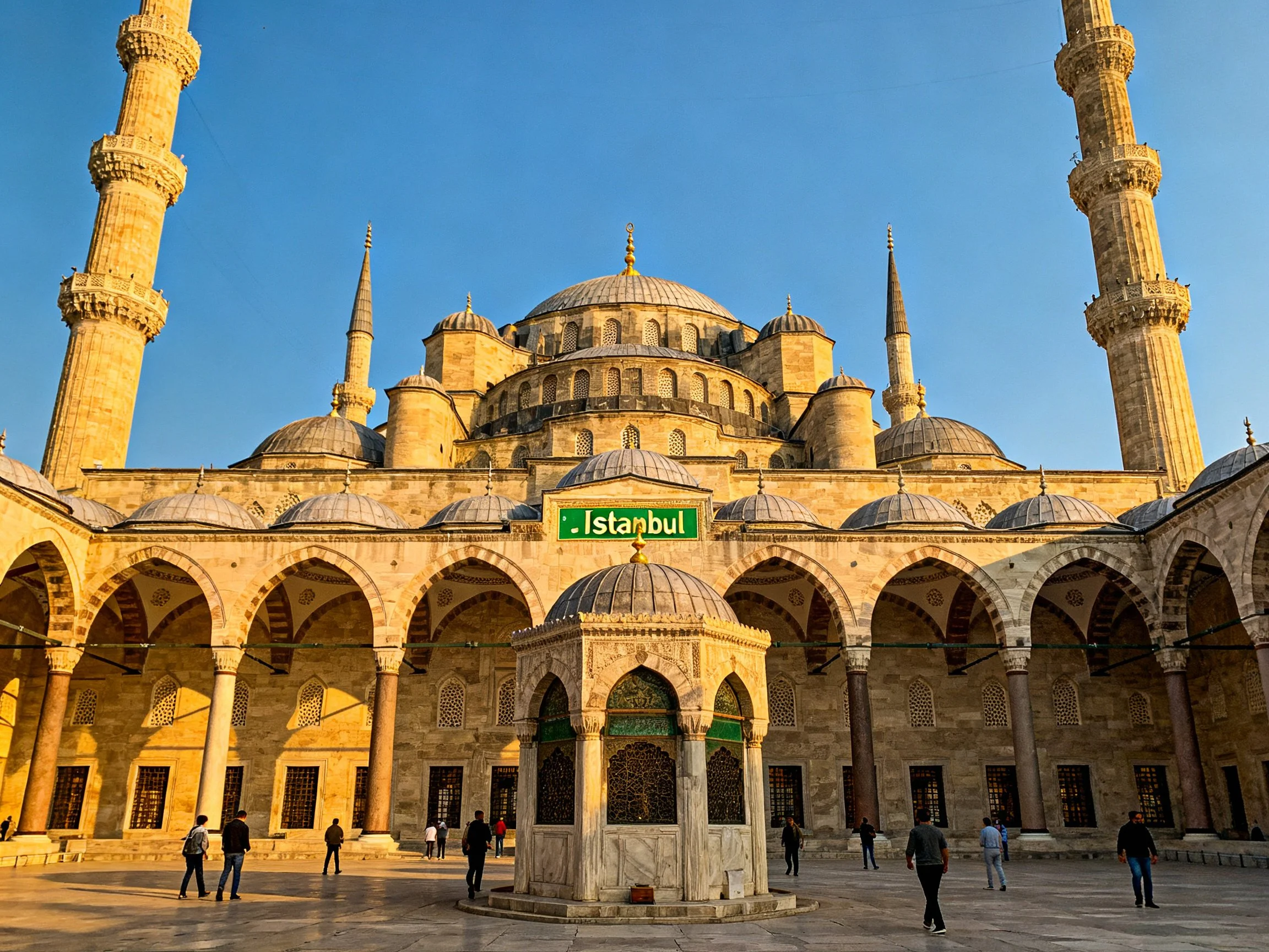 Istanbuls historic mosque with domes and tall minarets