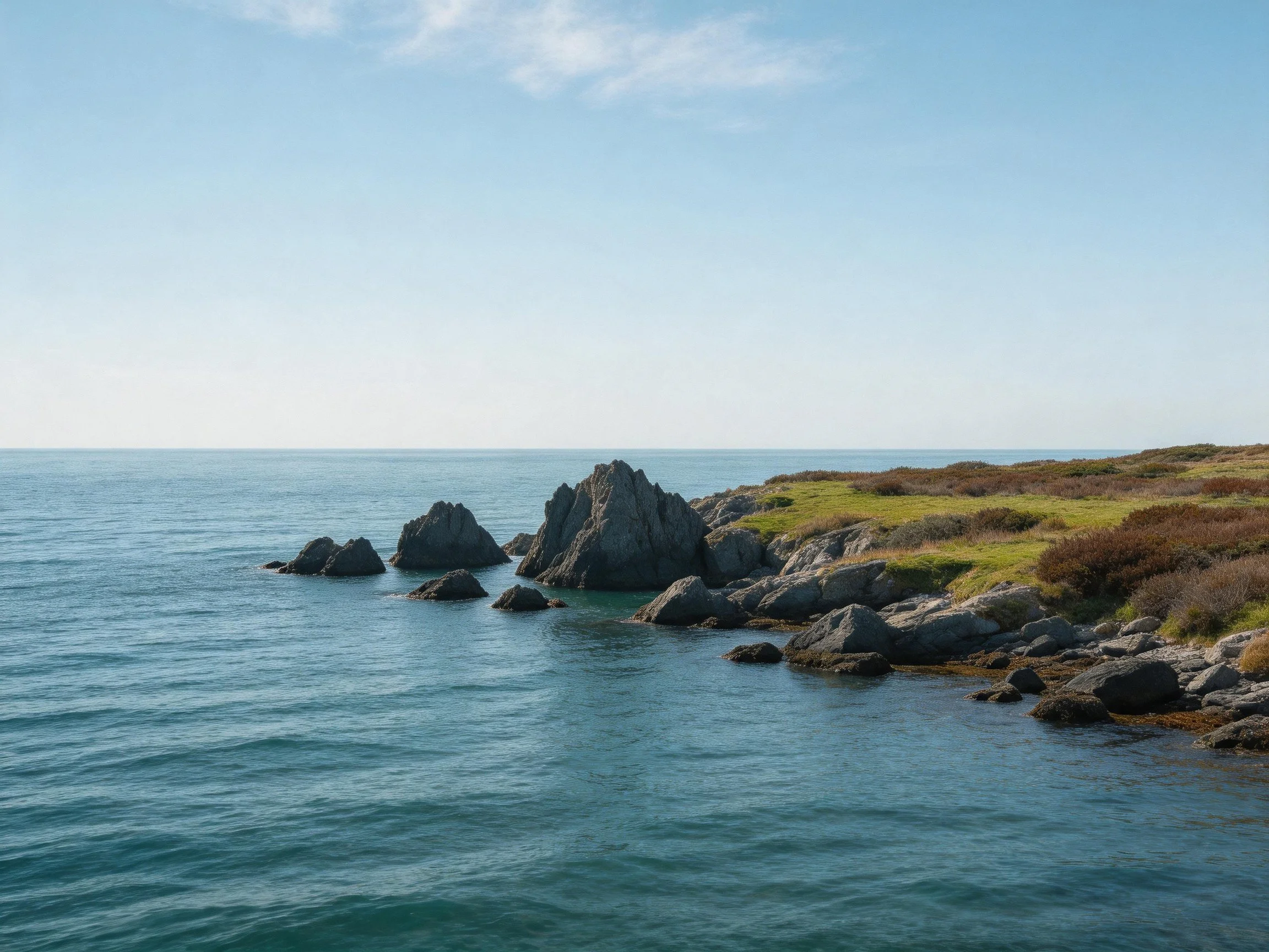 Jagged Coastal Rocks with Turquoise Waters and Earth-Tone Vegetation