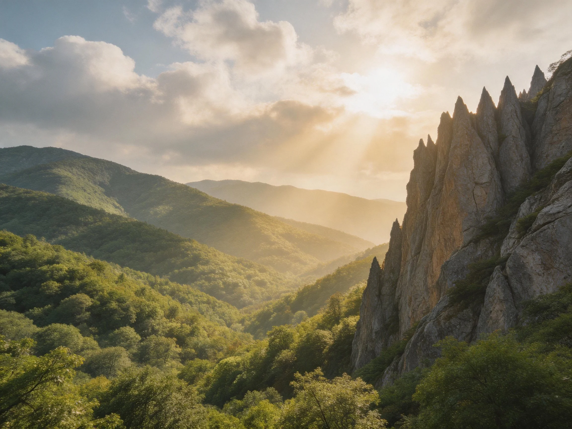 Jagged gray rock formations beside lush green forested valleys under golden sunlight