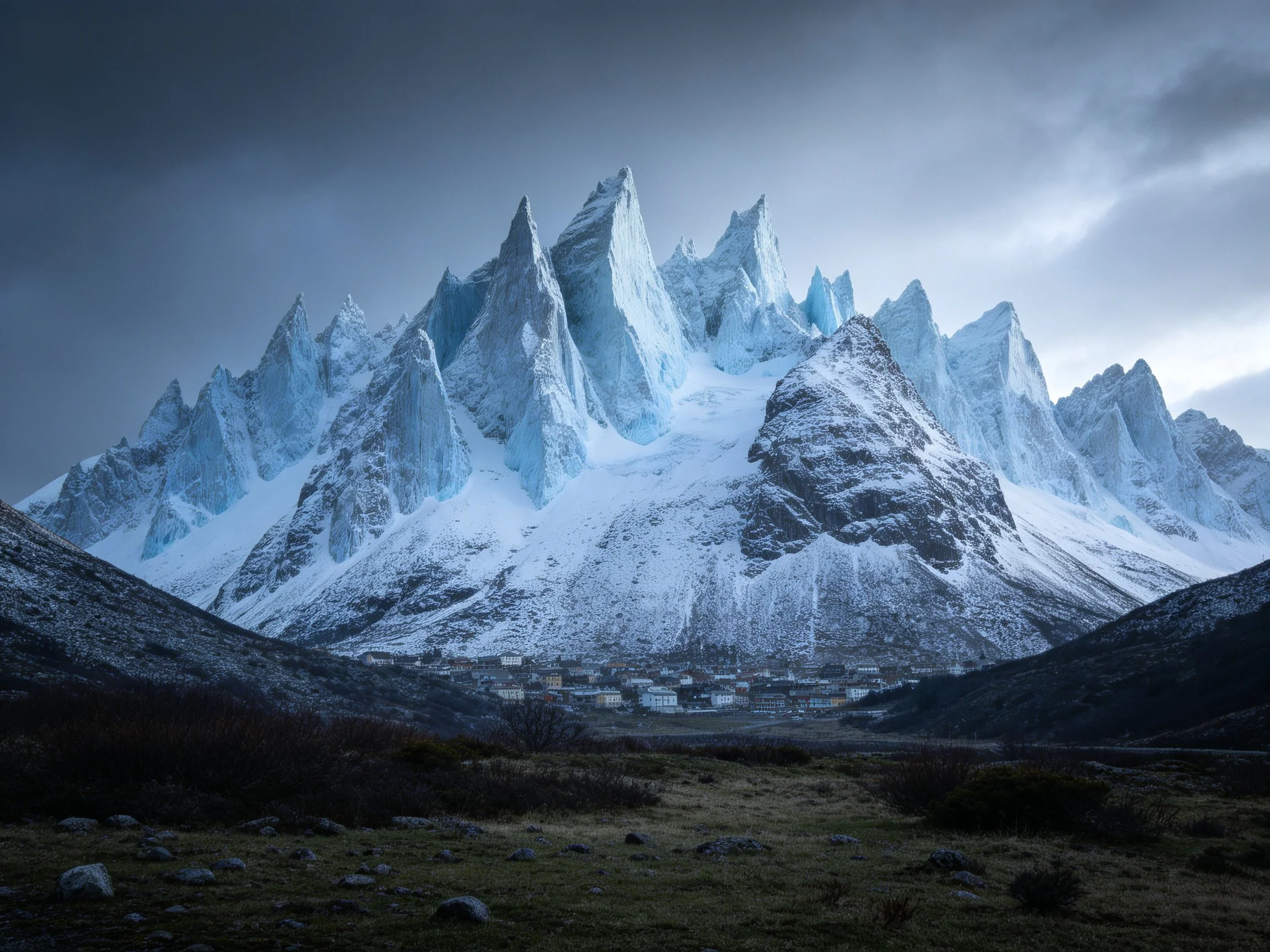 Jagged icy mountain peaks with snow, village below moody sky