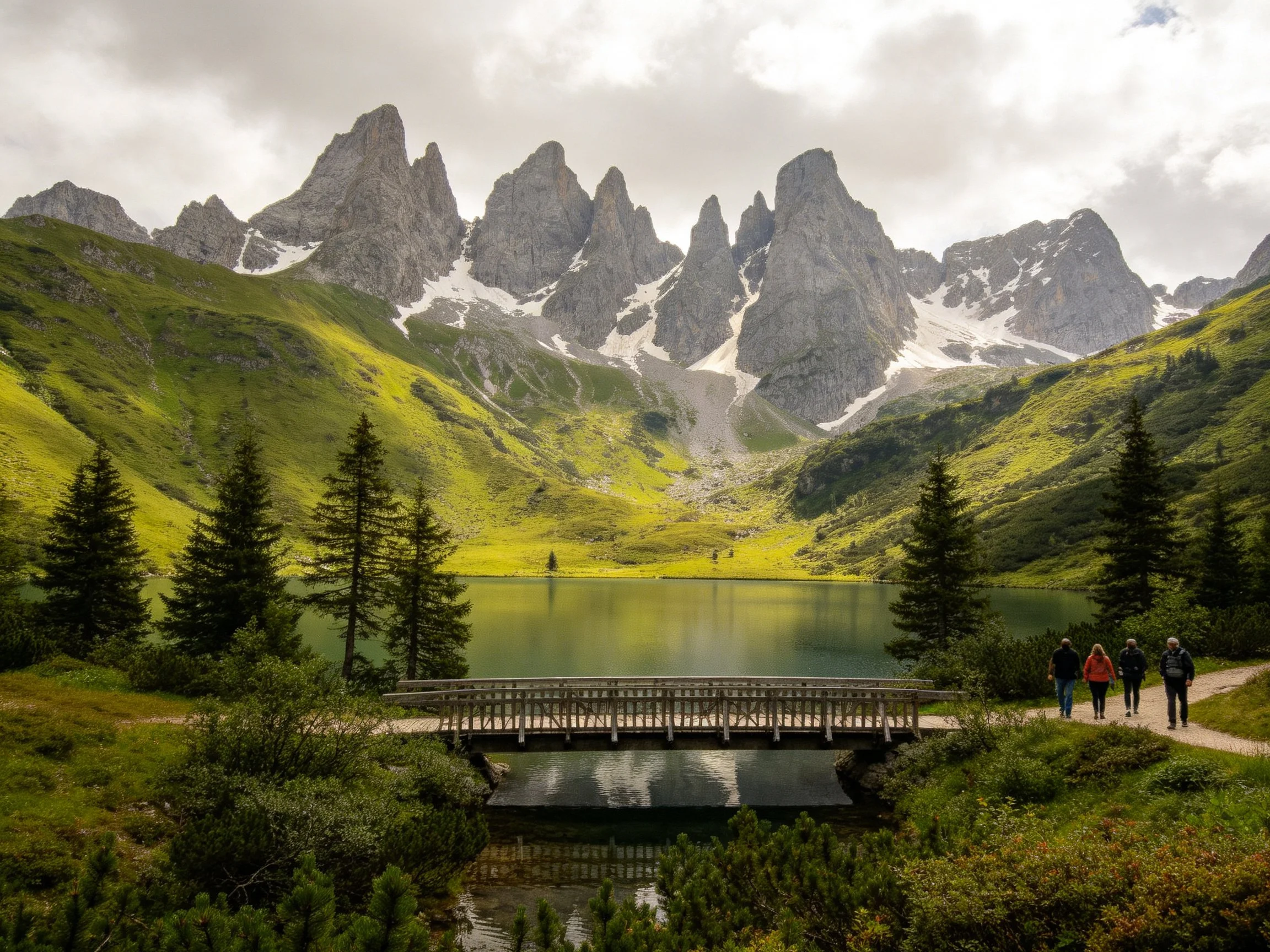 Jagged mountain peaks overlook a serene alpine lake with lush greenery