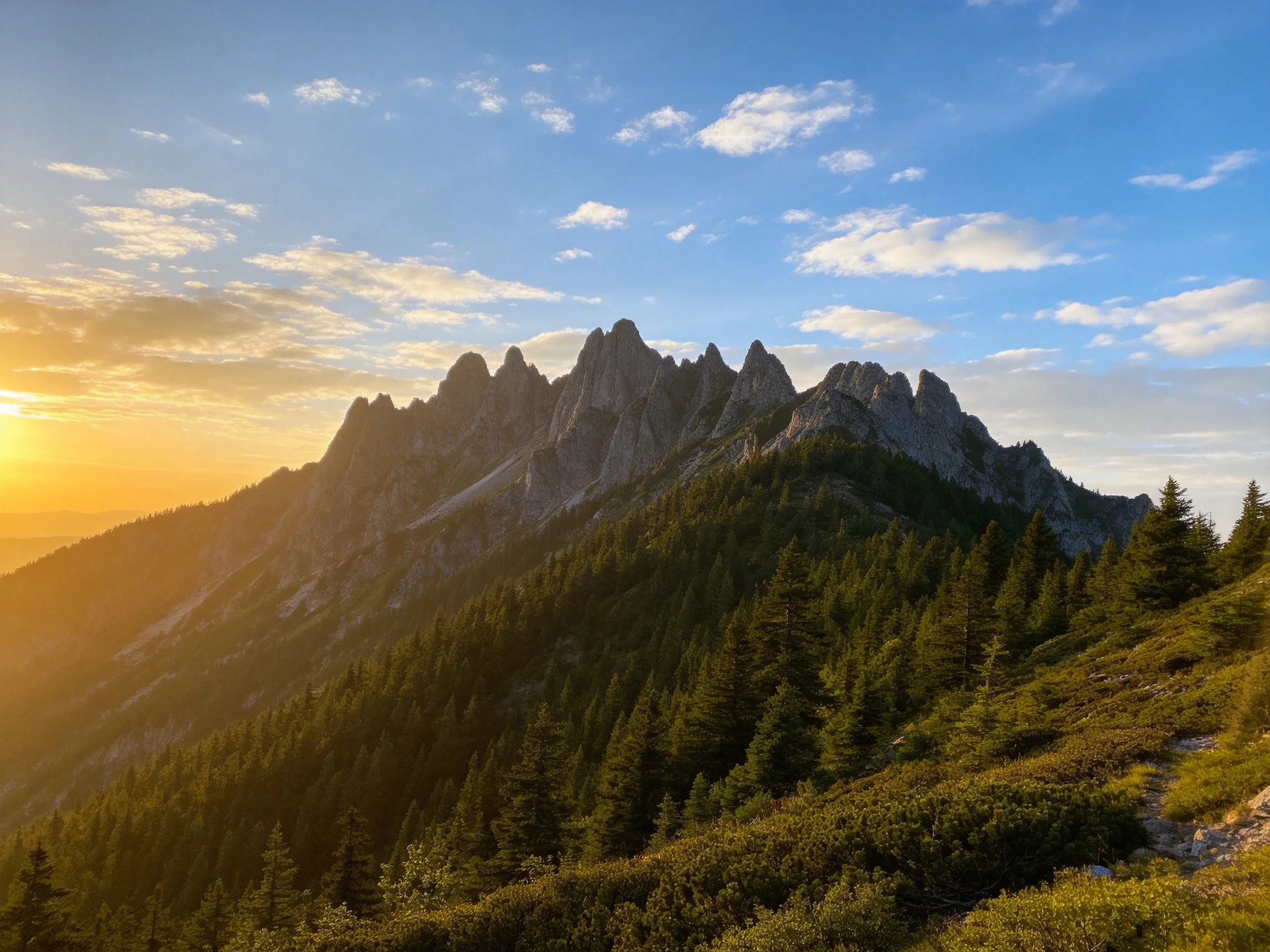 Jagged mountain peaks tower over dense forest under golden sunset
