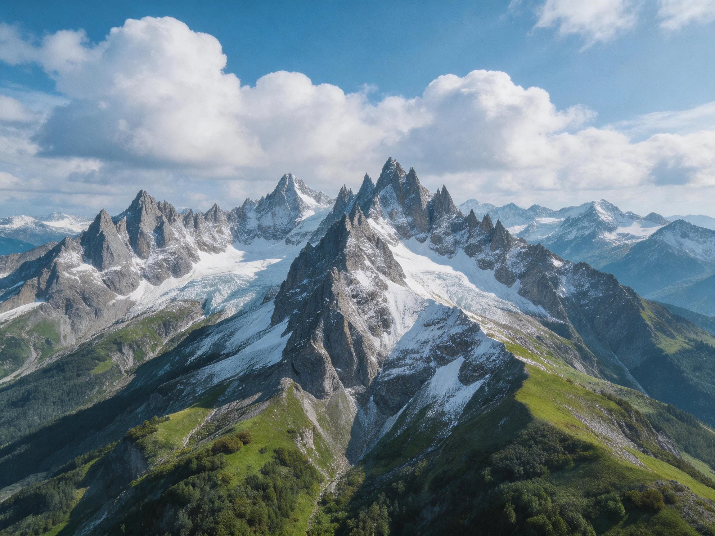 Jagged mountain peaks with snowy summits and green valleys