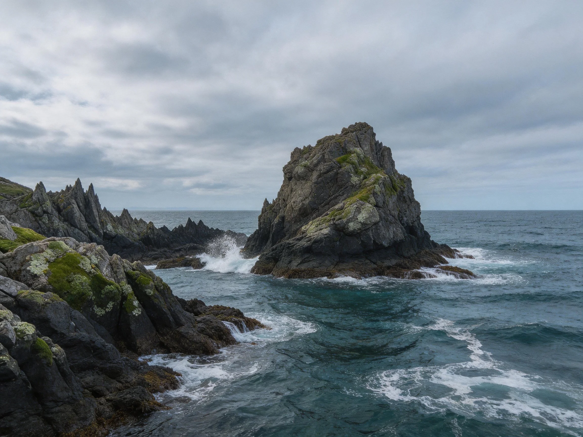 Jagged rocky formations rise from turquoise waters under cloudy skies