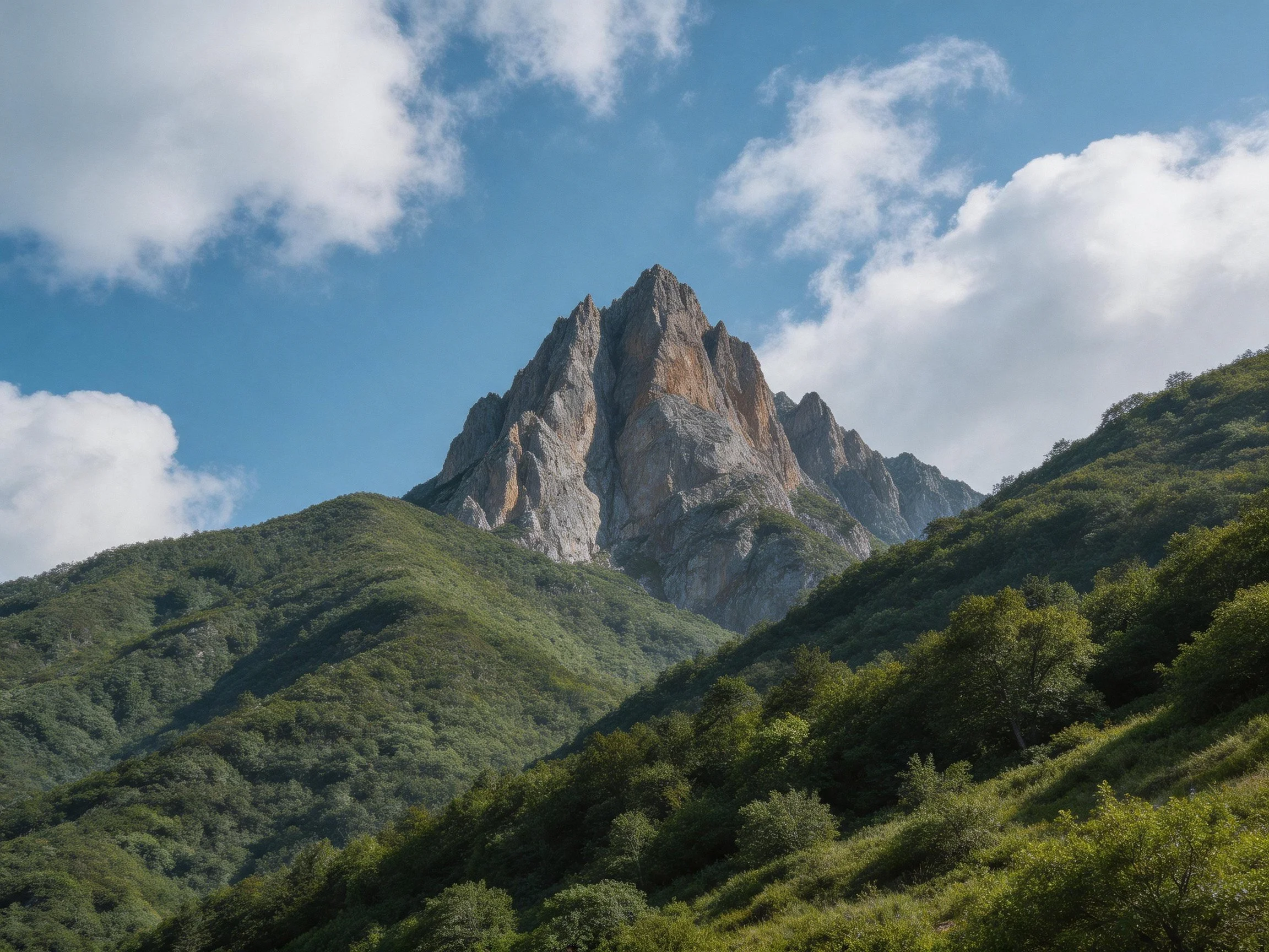 Jagged rocky peak rises above lush green hills under clear blue sky