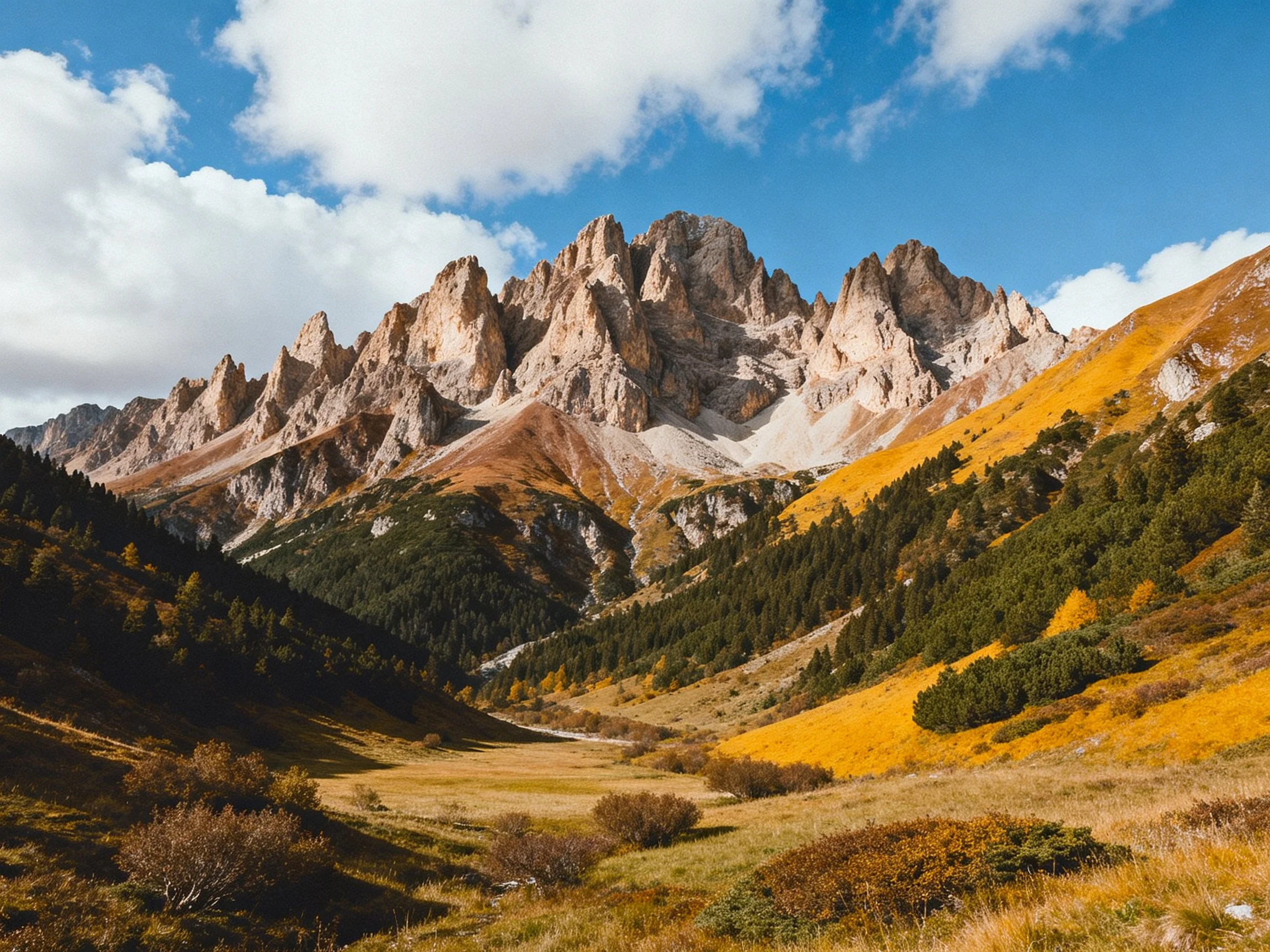 Jagged rocky peaks tower over colorful alpine terrain