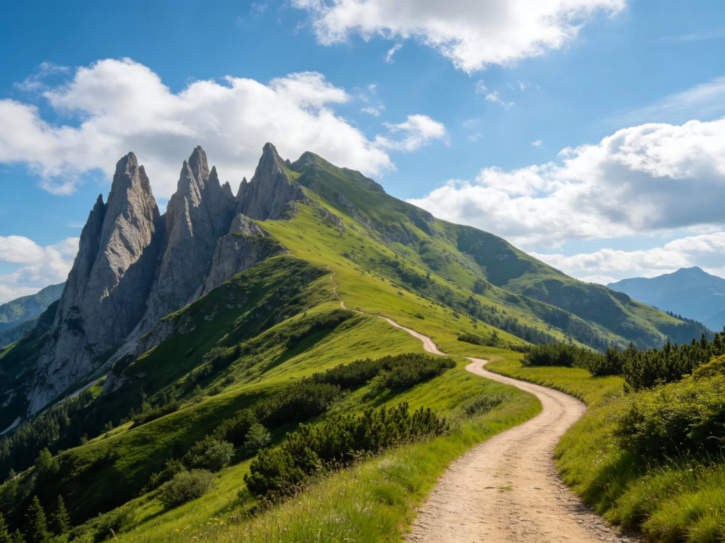 Jagged rocky peaks tower over lush green hills via winding dirt path