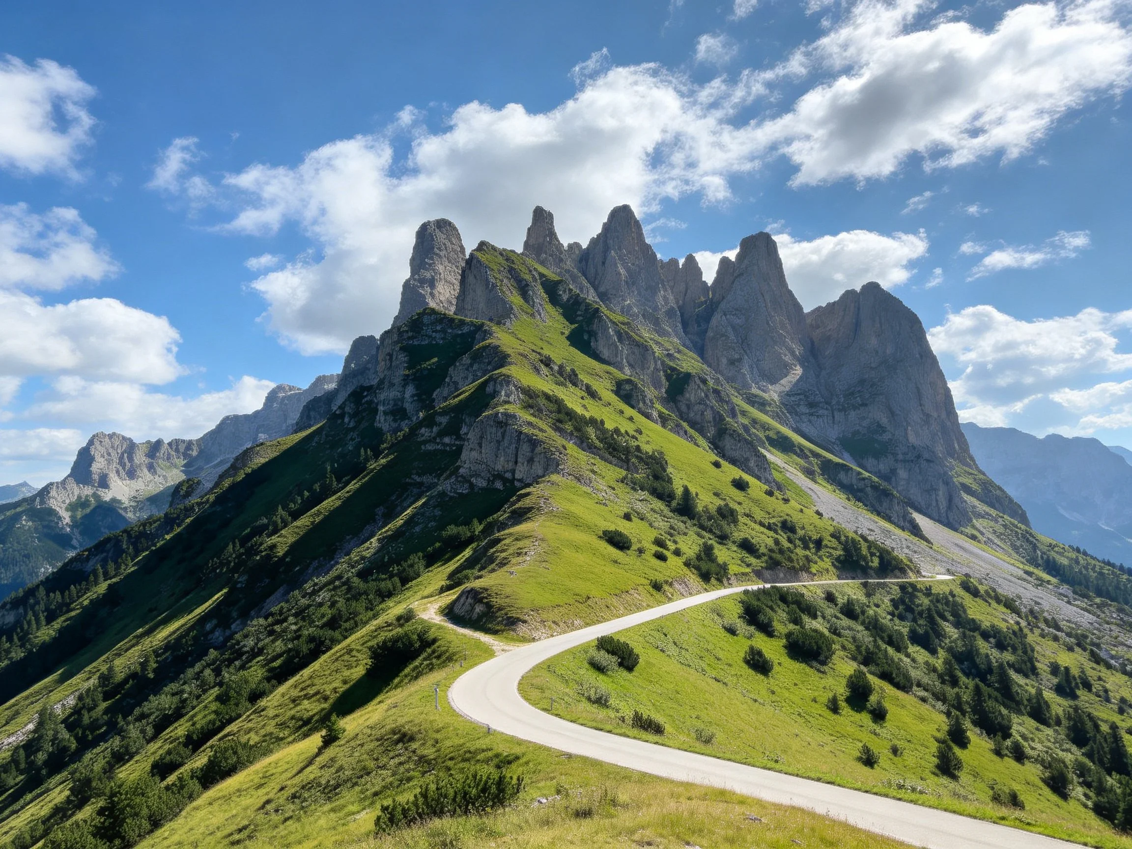 Jagged rocky peaks tower over lush green slopes with a curving mountain road