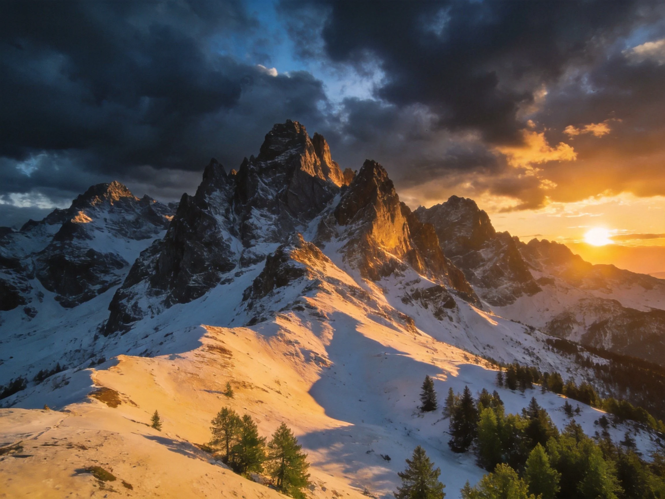 Jagged snow-capped mountain peaks under dramatic sunset skies