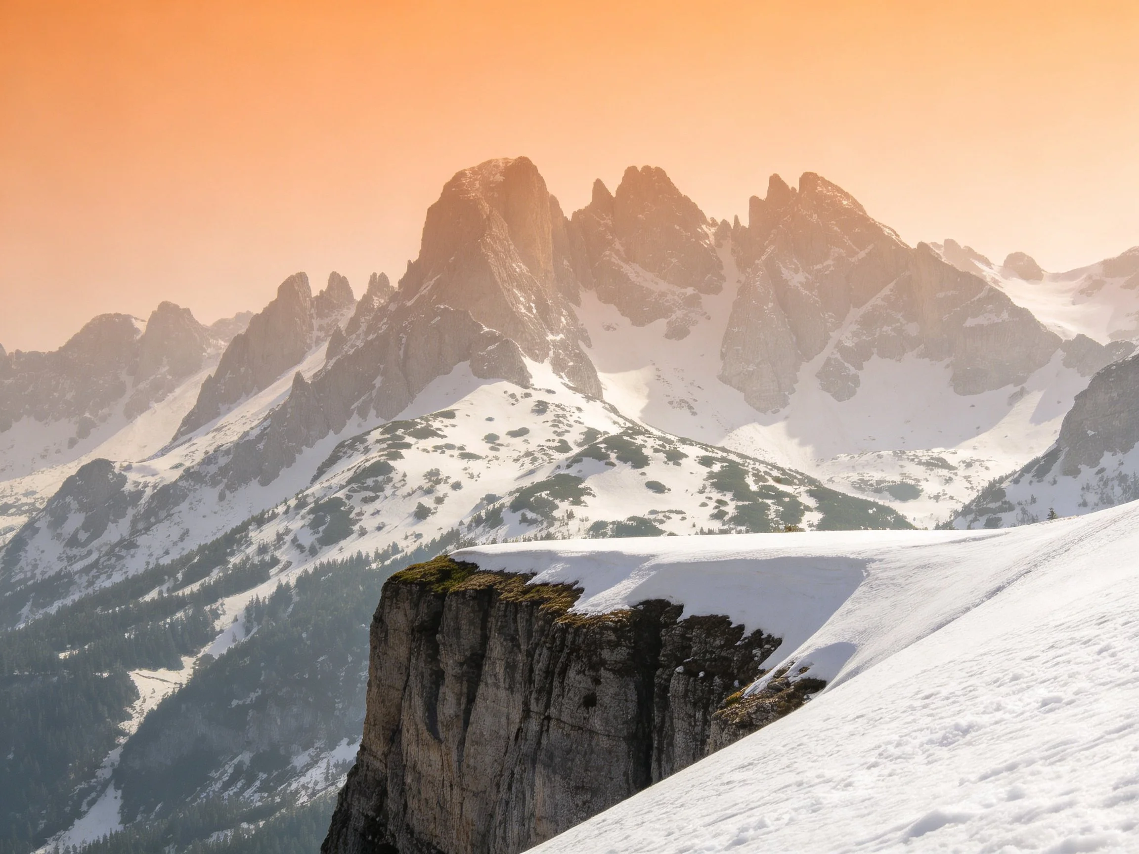 Jagged snow-capped peaks and rocky cliffs under warm orange sky