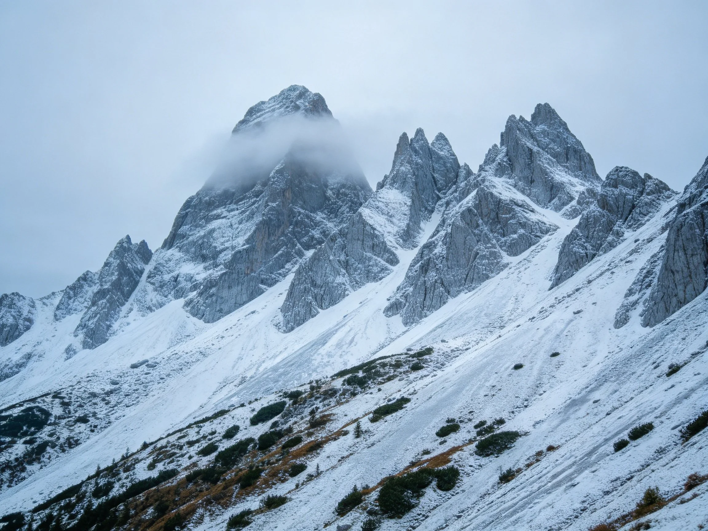 Jagged snow-covered mountain peaks with misty summits under gray sky