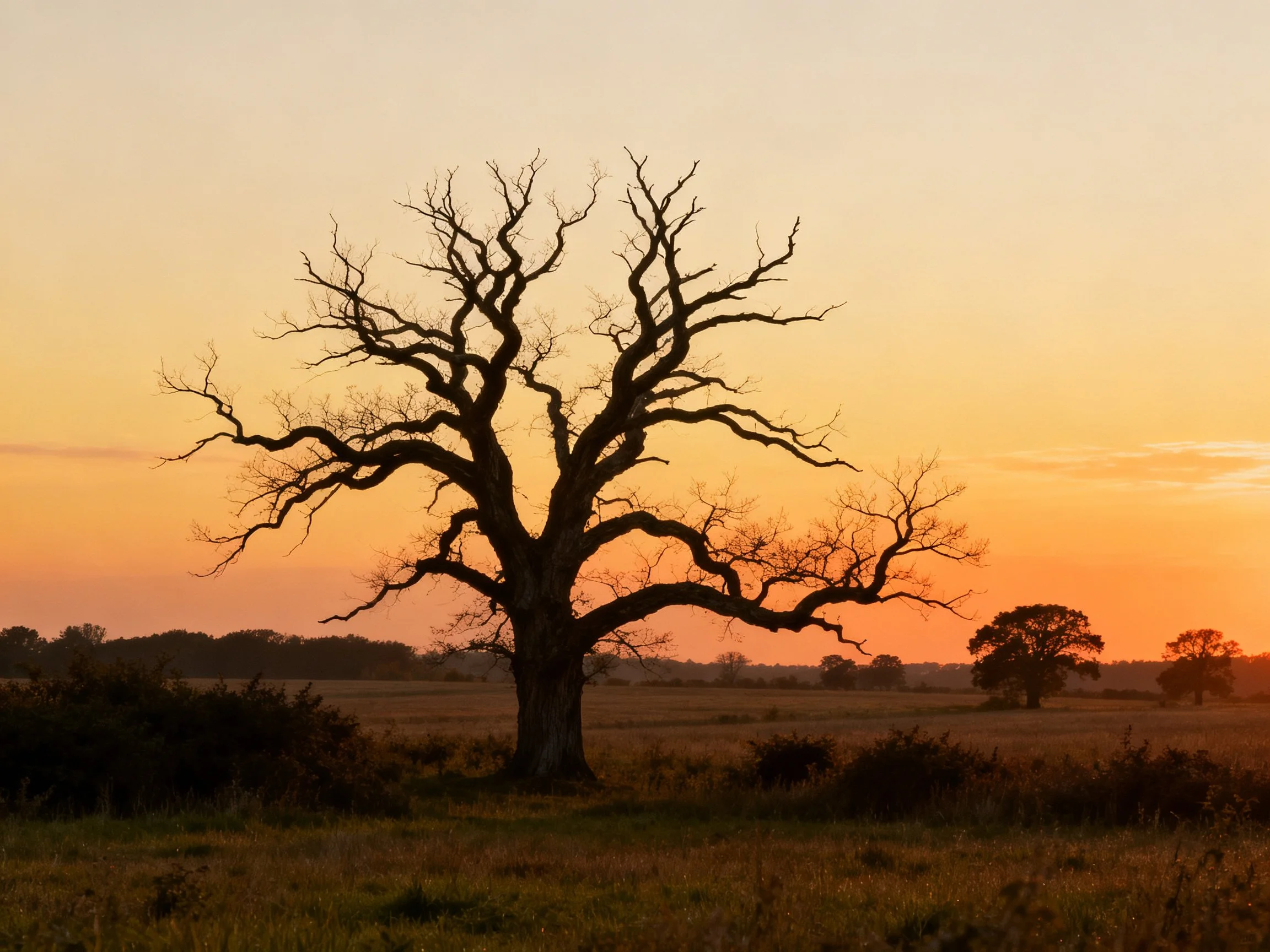 Large bare-branched tree silhouetted during golden hour