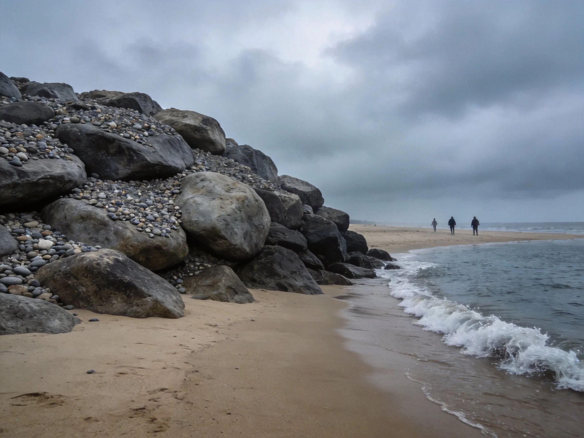 Large boulders border sandy beach by churning ocean under cloudy sky