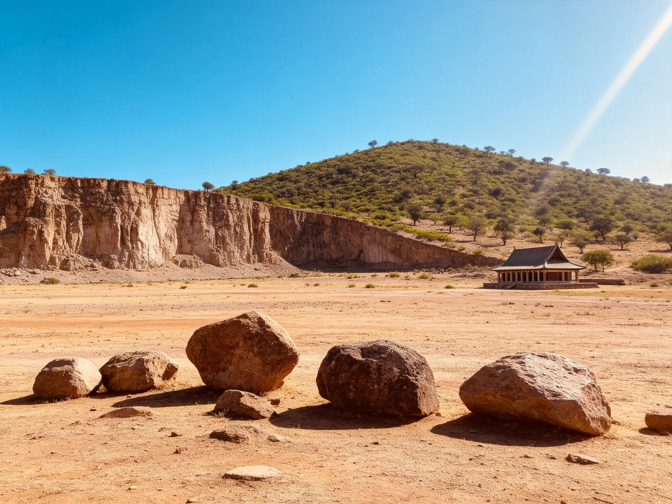 Large boulders near ancient cliff with distant structure