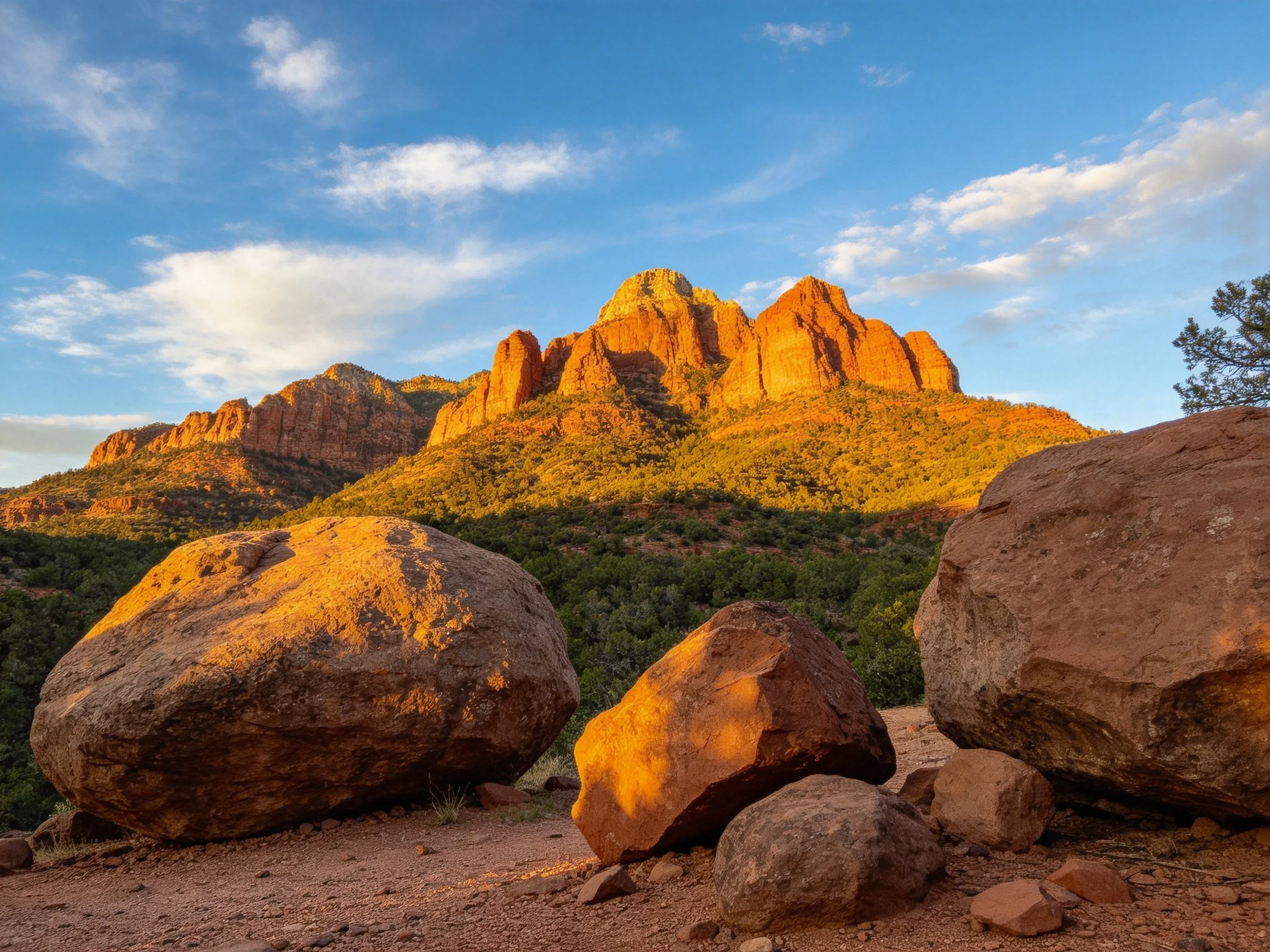 Large boulders near golden-hued mountain peaks under blue sky