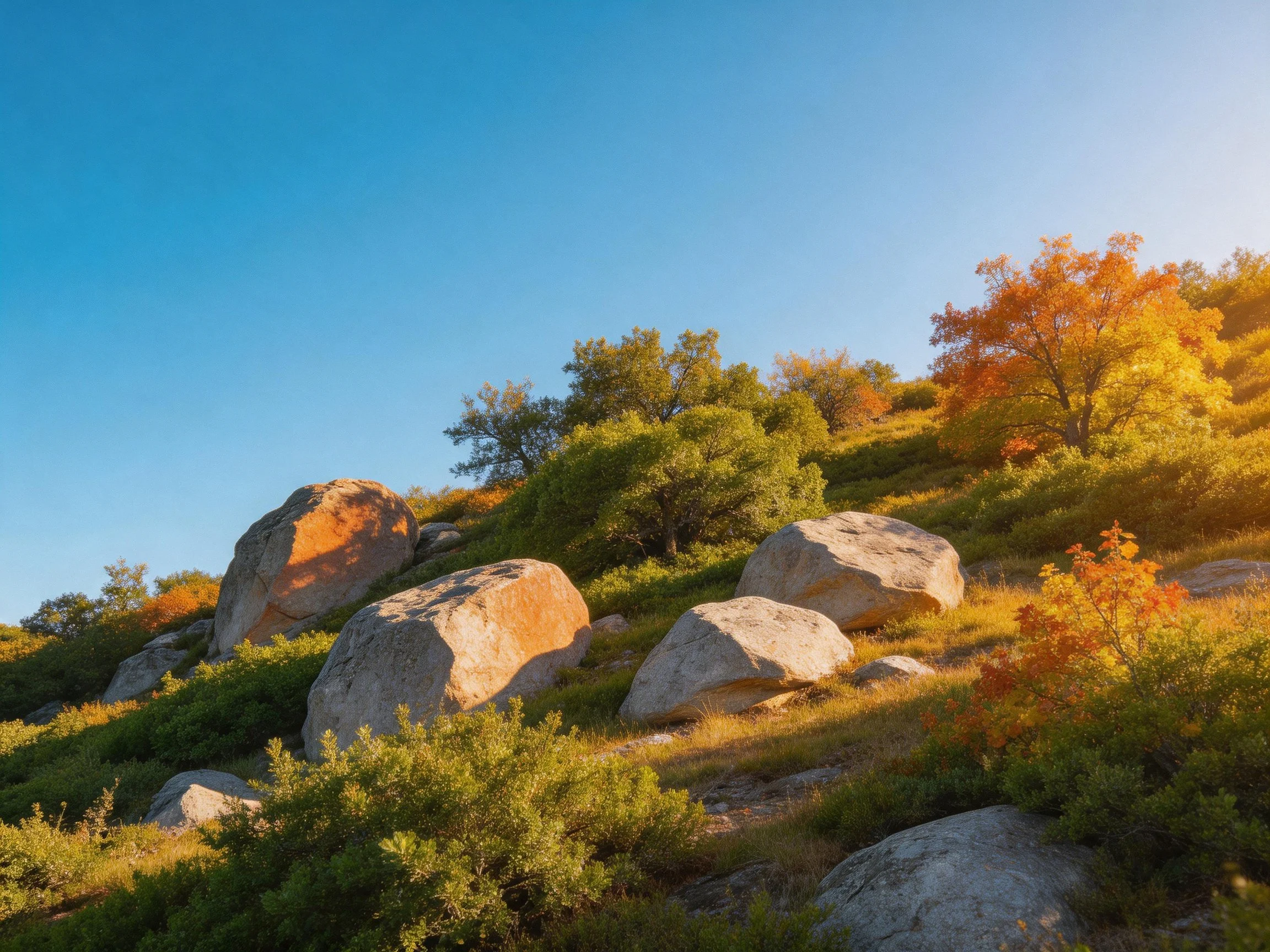 Large boulders on a sunlit rocky hillside with autumn foliage