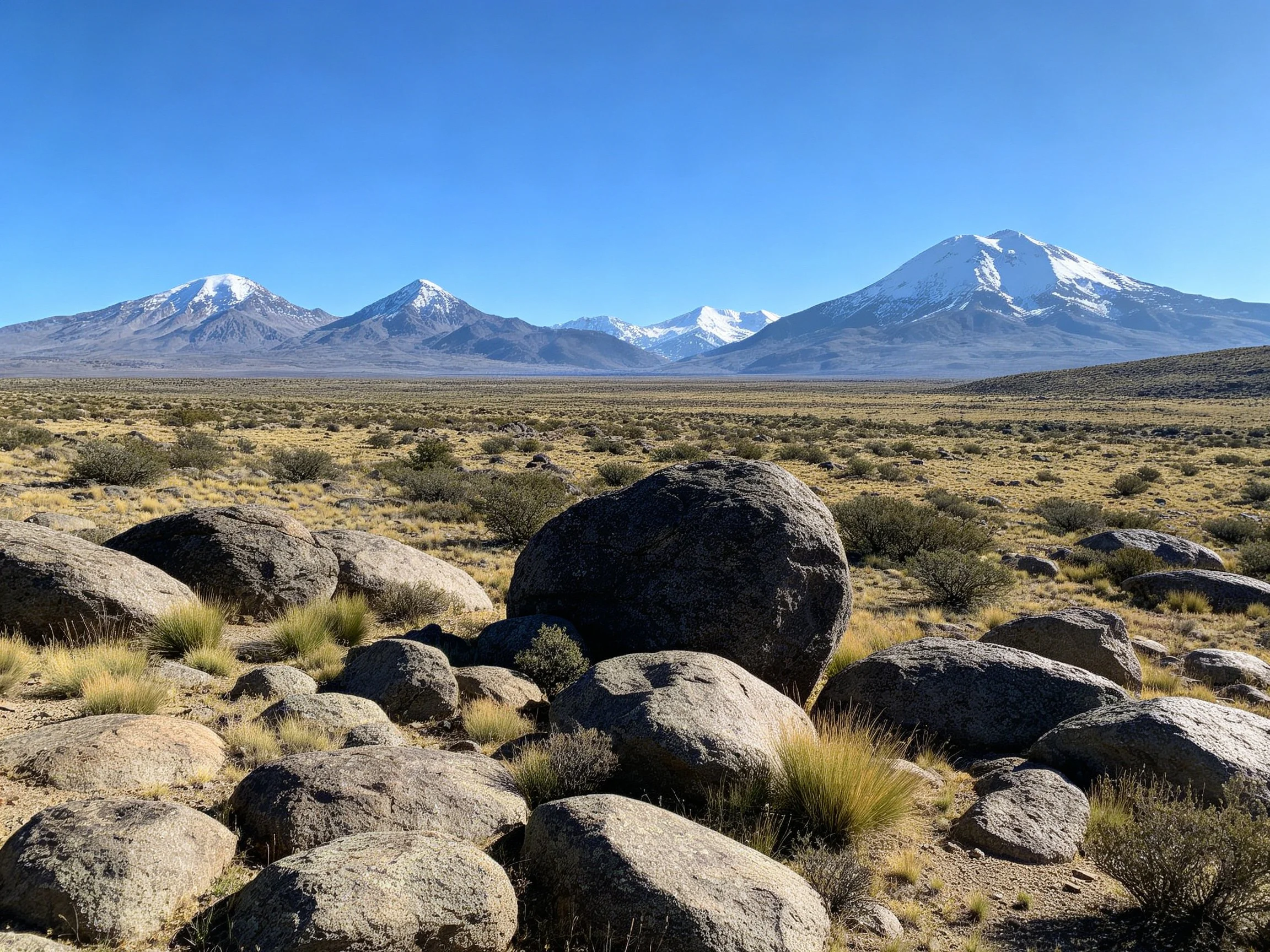 Large boulders scatter an arid plain with distant snow-capped mountains