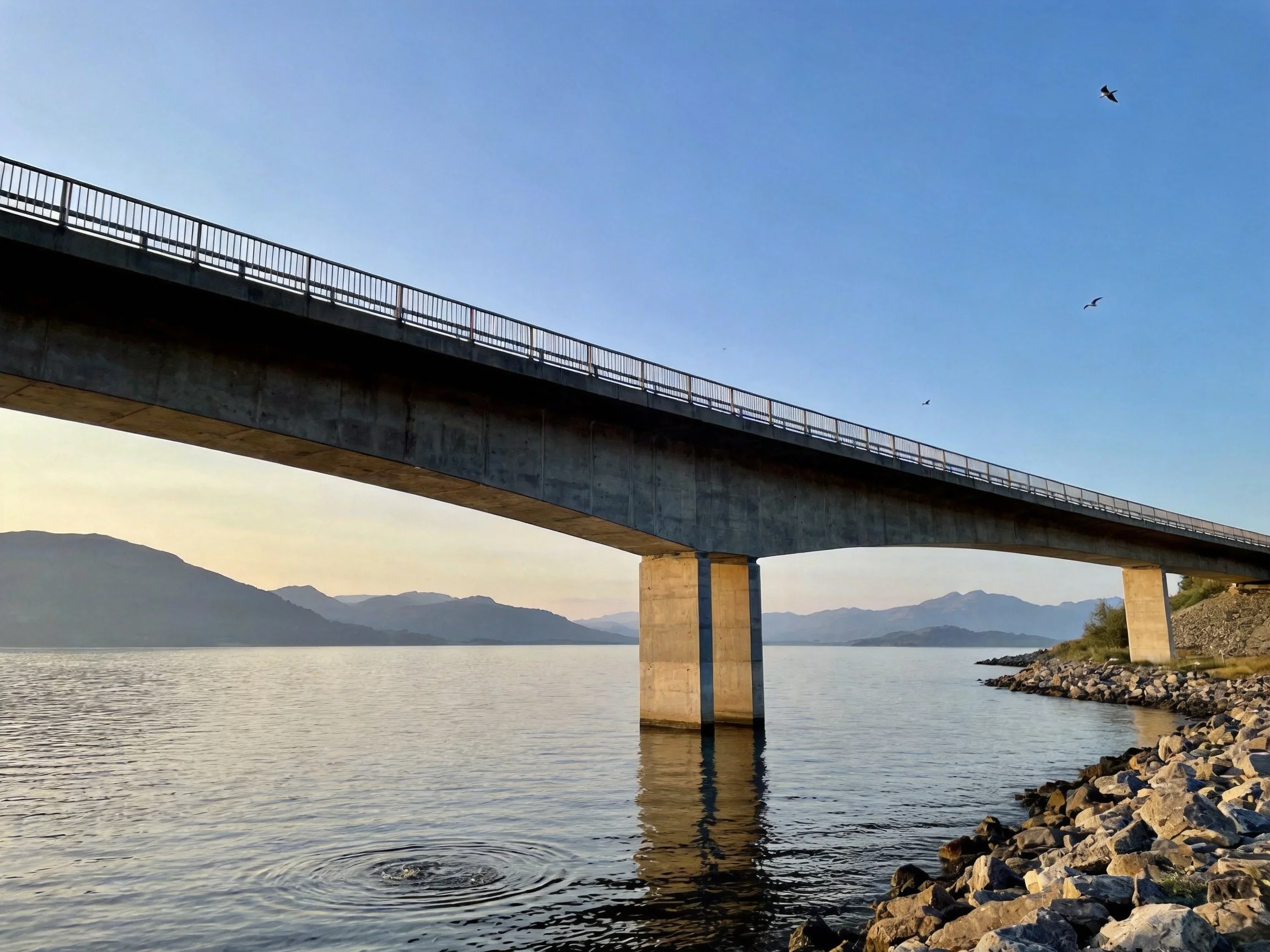 Large concrete bridge spans calm water near rocky shore with distant mountains
