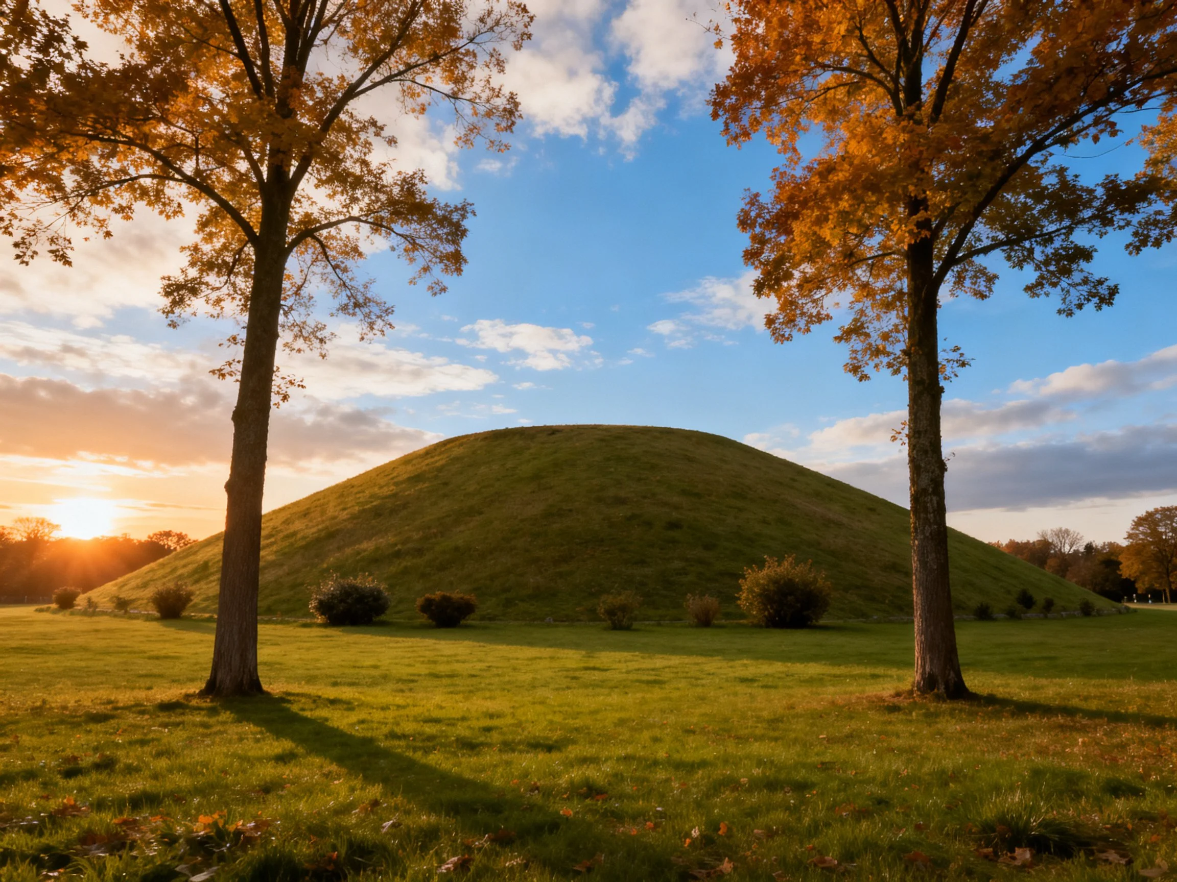 Large grassy mound between autumn trees under sunset sky