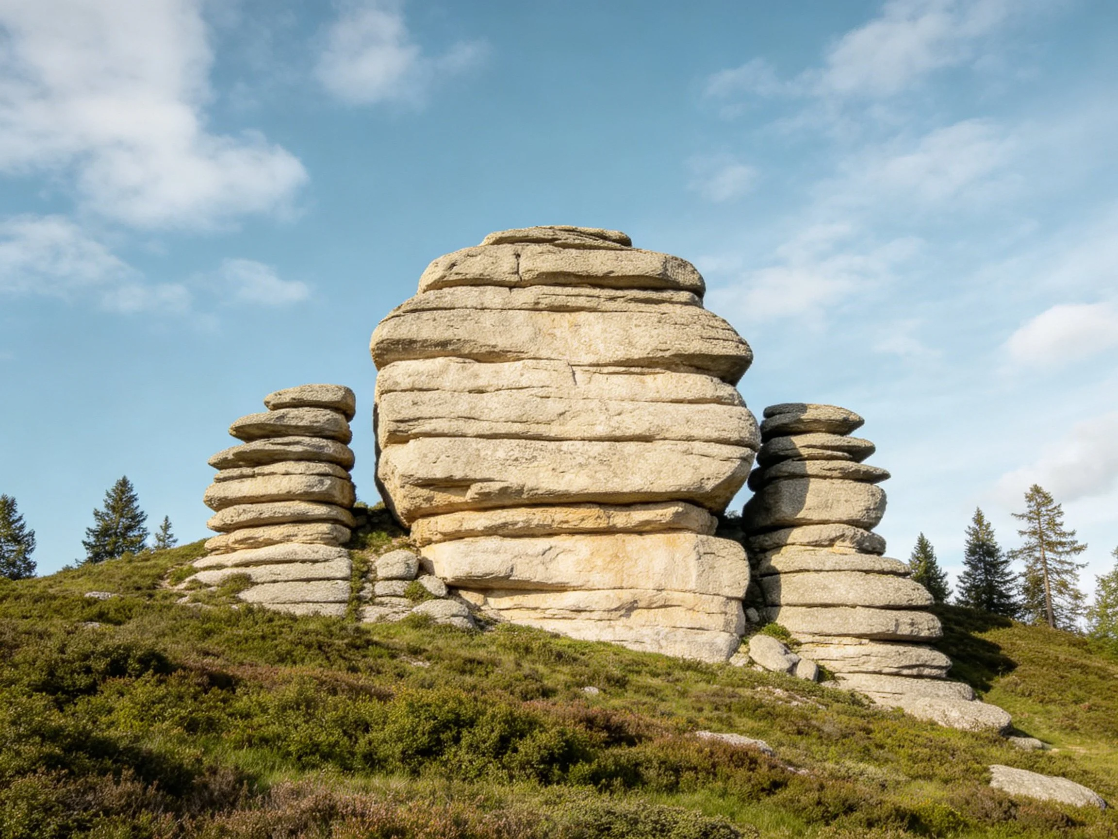 Large layered stone formations on a grassy hill under clear blue sky